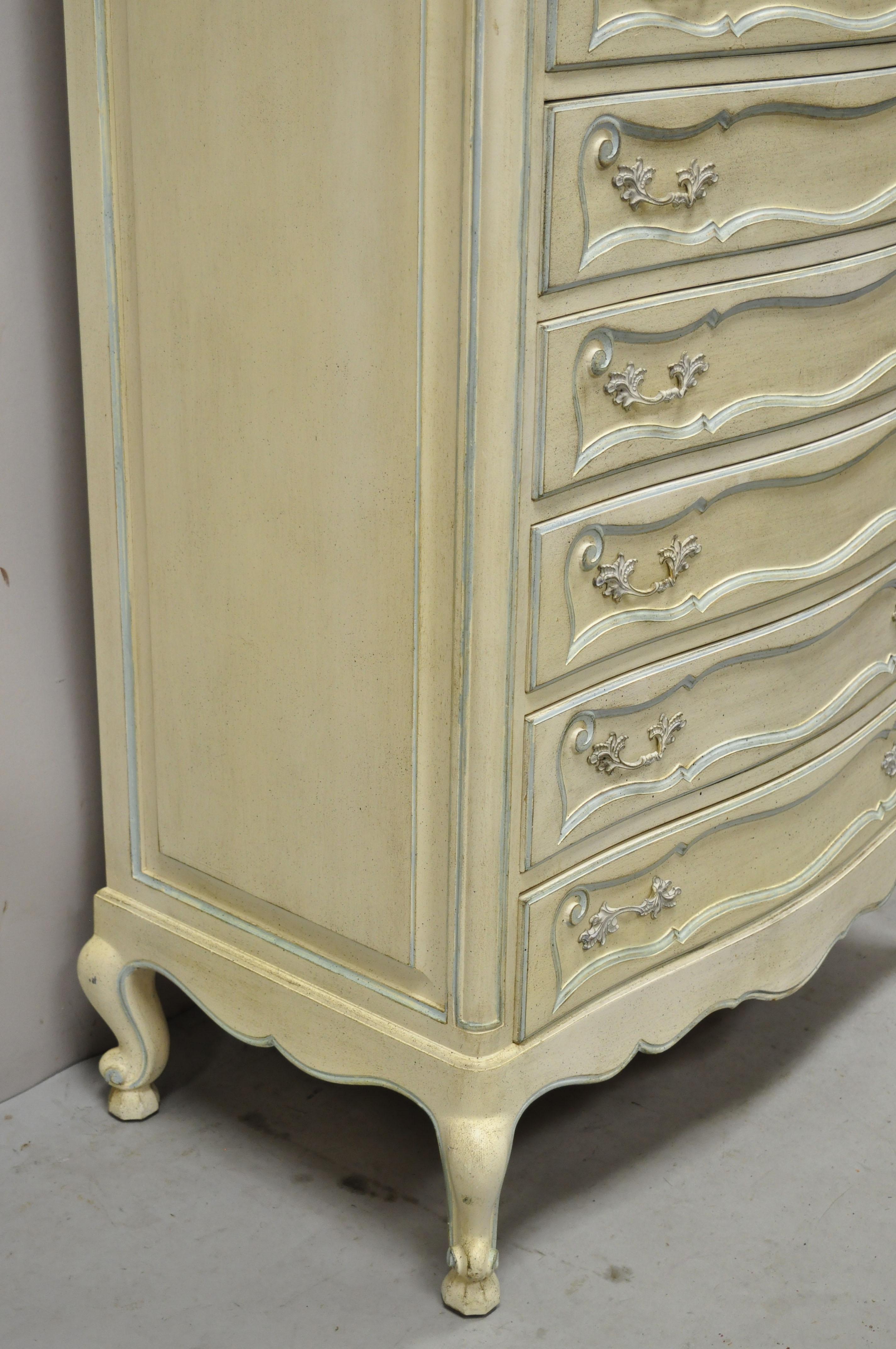 North American Vintage French Provincial Cream Blue Paint Tall Narrow Custom Chest Dresser For Sale