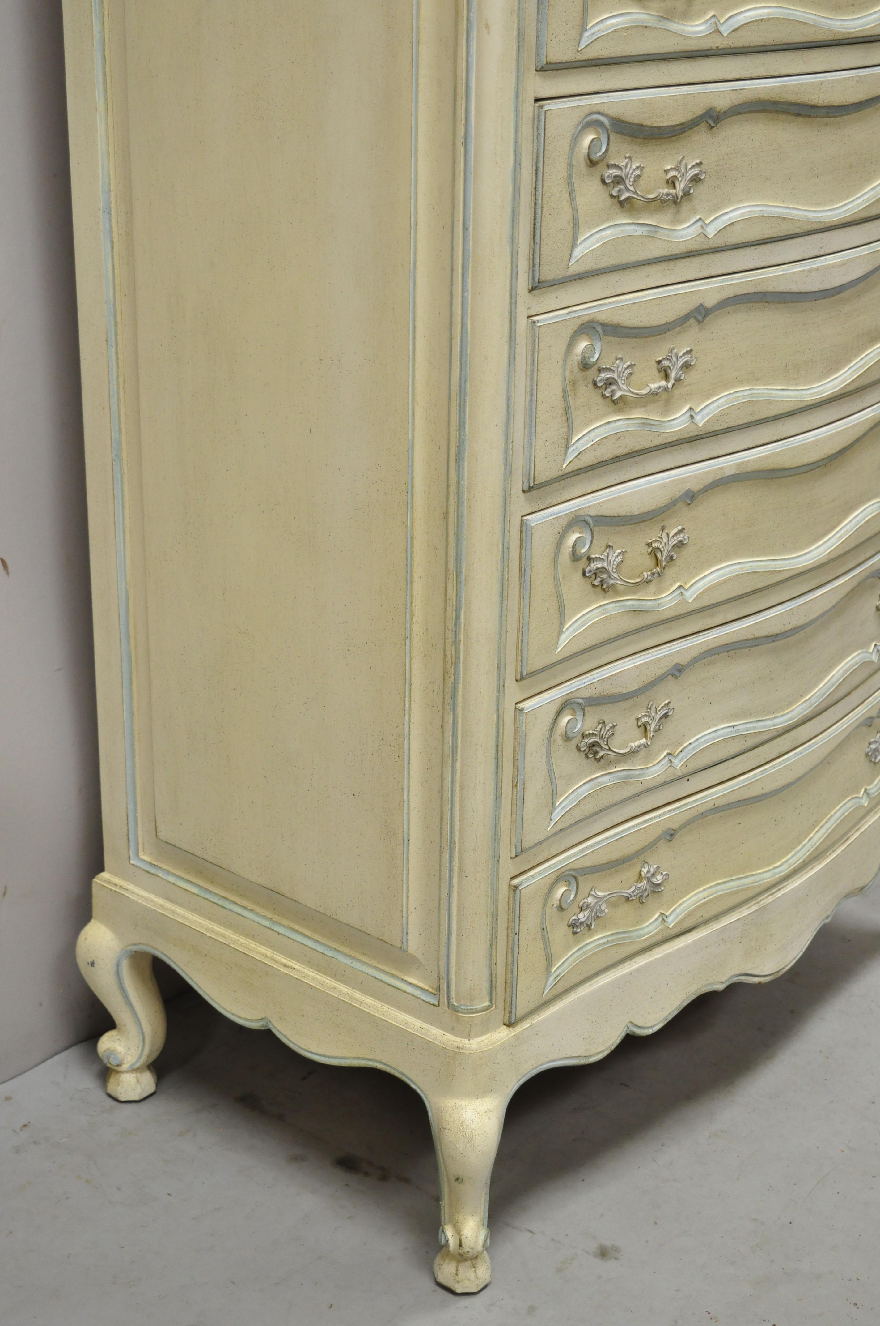 North American Vintage French Provincial Cream Blue Paint Tall Narrow Custom Chest Dresser