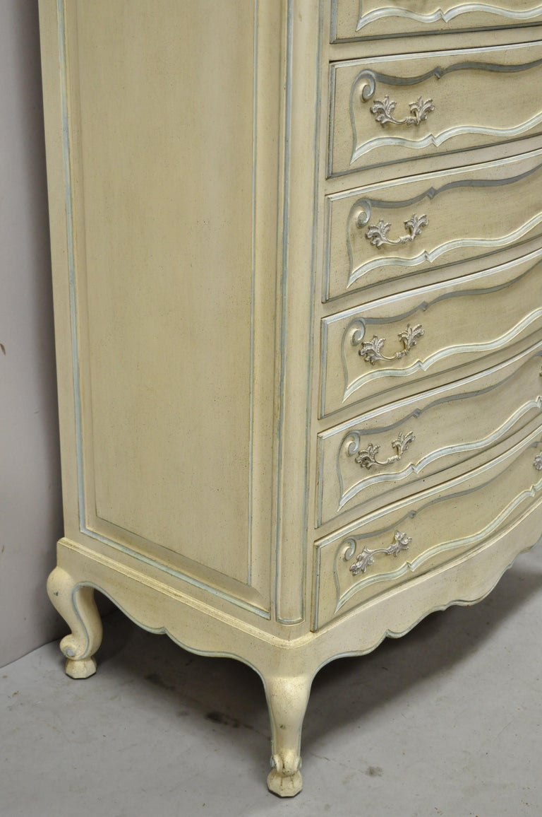 Vintage French Provincial Cream Blue Paint Tall Narrow Custom Chest
