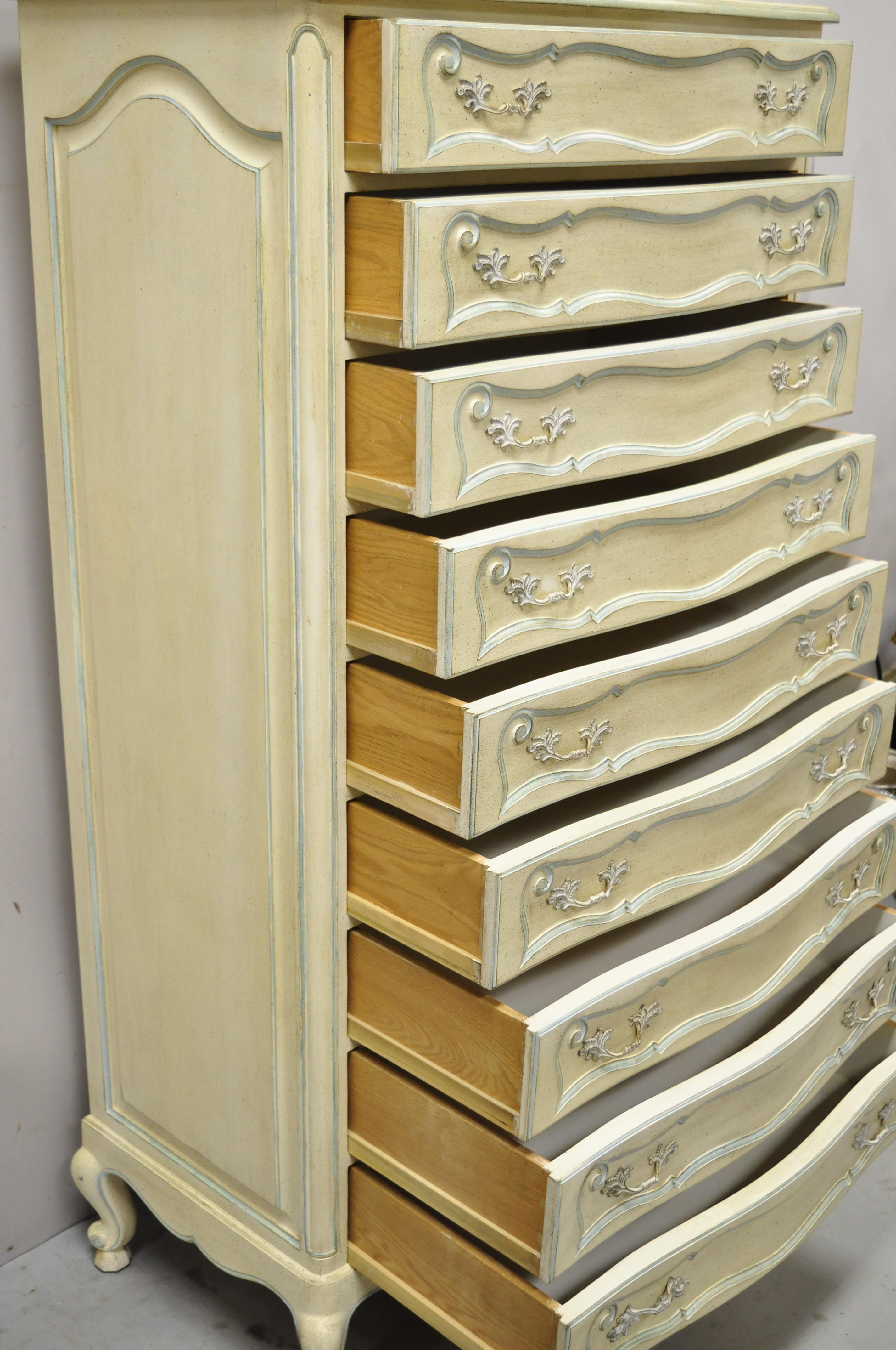 Vintage French Provincial Cream Blue Paint Tall Narrow Custom Chest Dresser In Good Condition For Sale In Philadelphia, PA