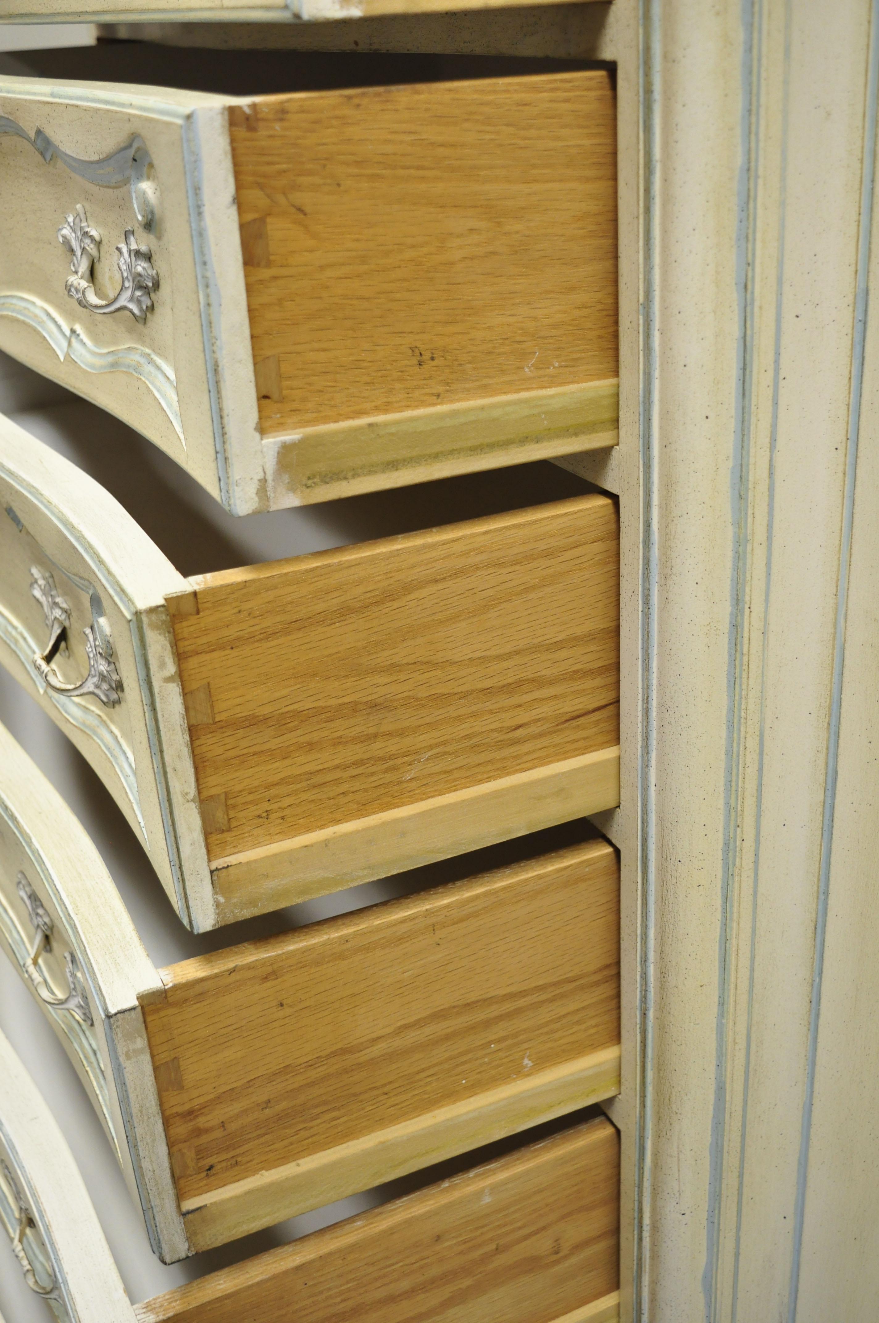 20th Century Vintage French Provincial Cream Blue Paint Tall Narrow Custom Chest Dresser For Sale