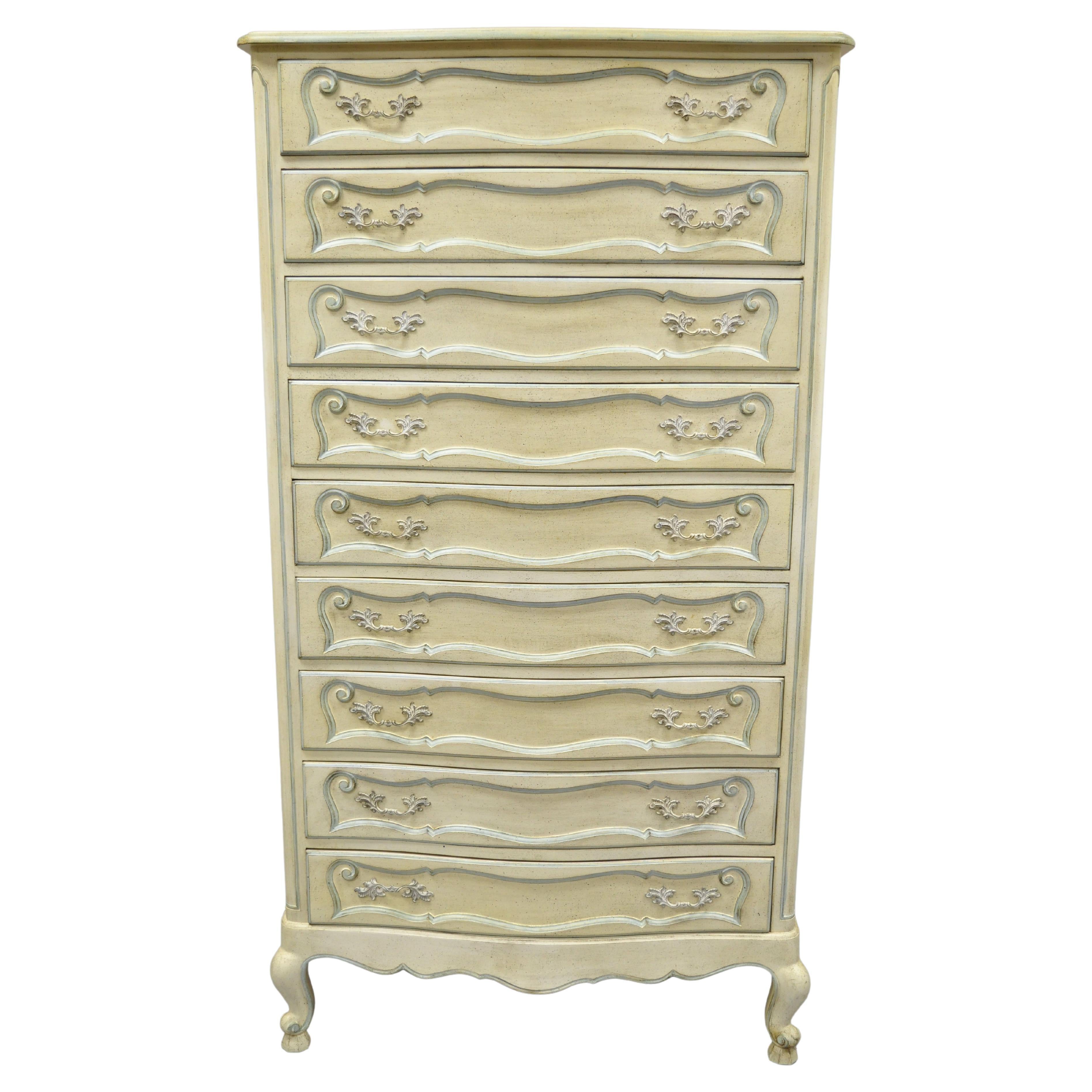 Vintage French Provincial Cream Blue Paint Tall Narrow Custom Chest Dresser For Sale