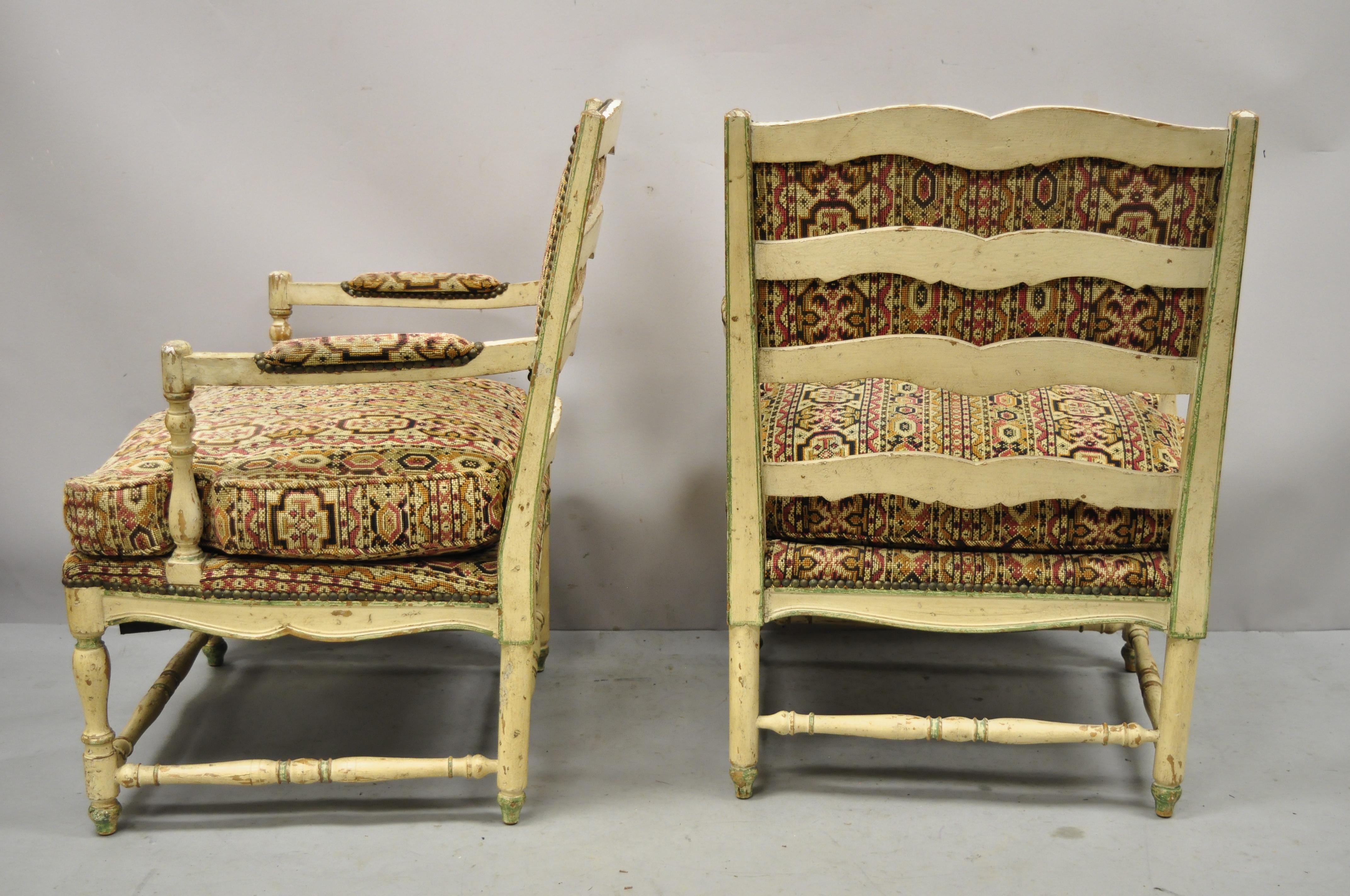 Vintage French Provincial Cream Distress Painted Lounge Arm Chairs and Ottoman For Sale 3
