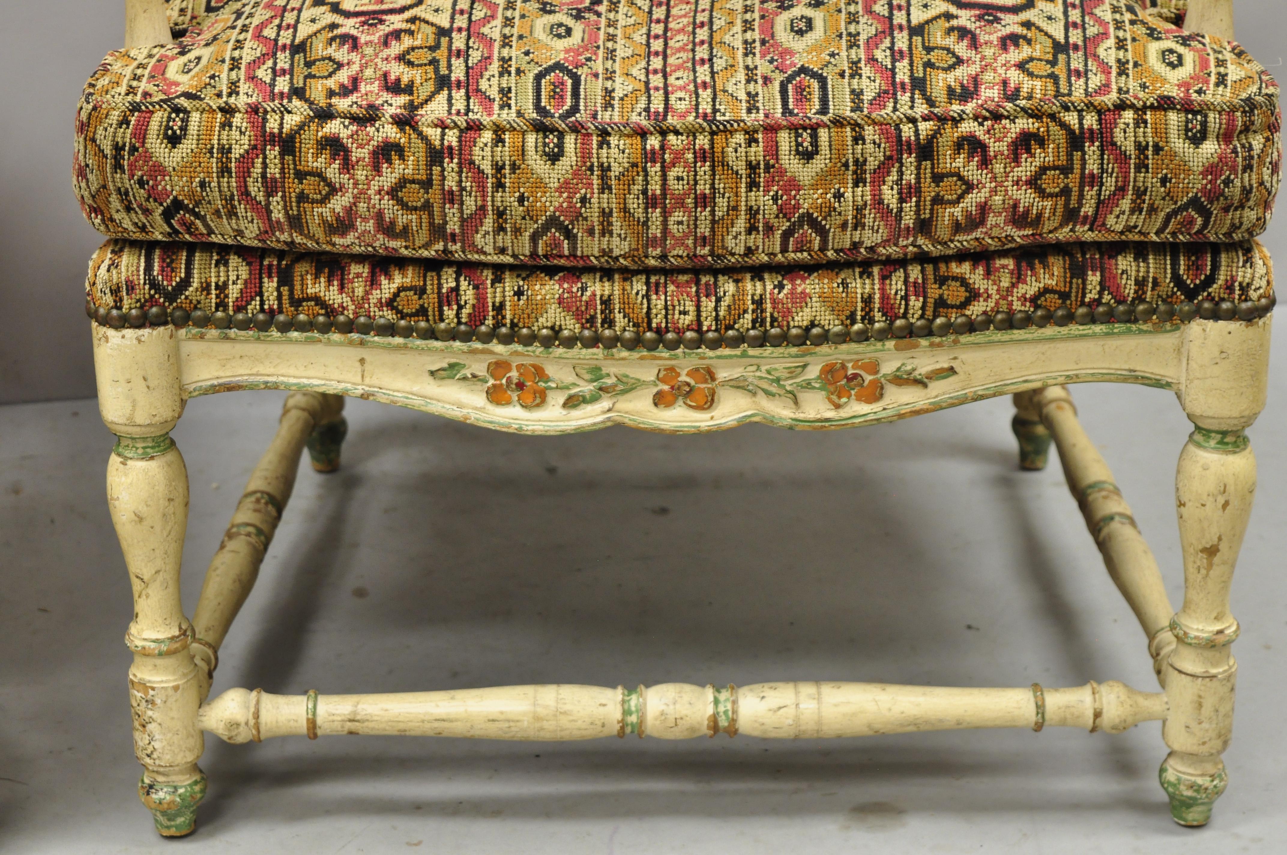 Vintage French Provincial Cream Distress Painted Lounge Arm Chairs and Ottoman For Sale 4