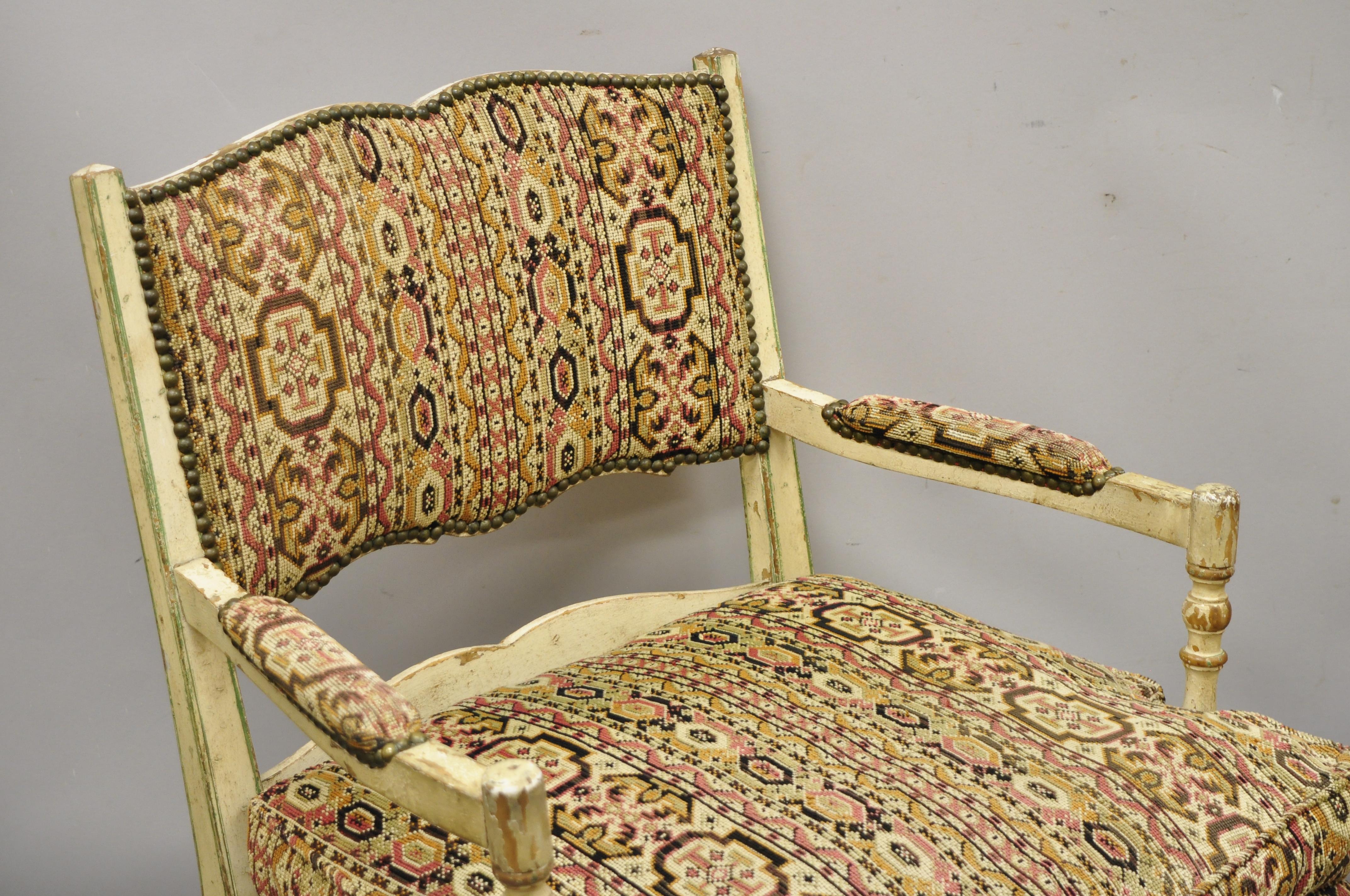 Vintage French Provincial Cream Distress Painted Lounge Arm Chairs and Ottoman In Good Condition For Sale In Philadelphia, PA