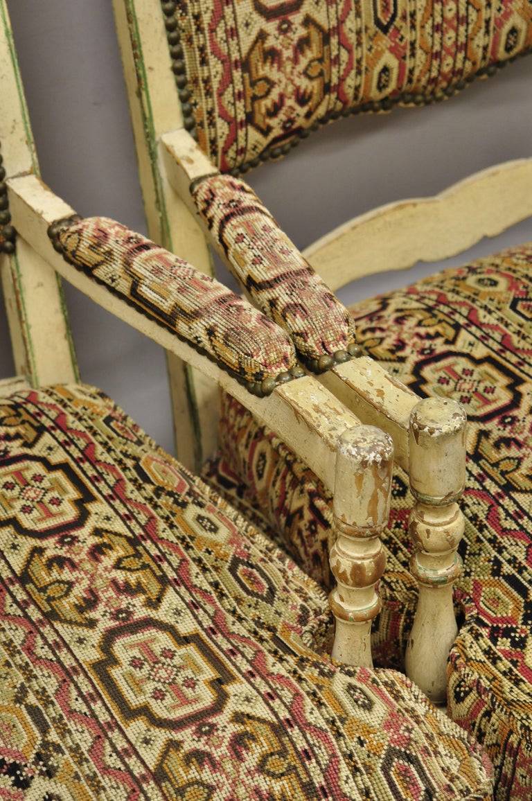 Vintage French Provincial Cream Distress Painted Lounge Arm Chairs and Ottoman For Sale at 1stDibs