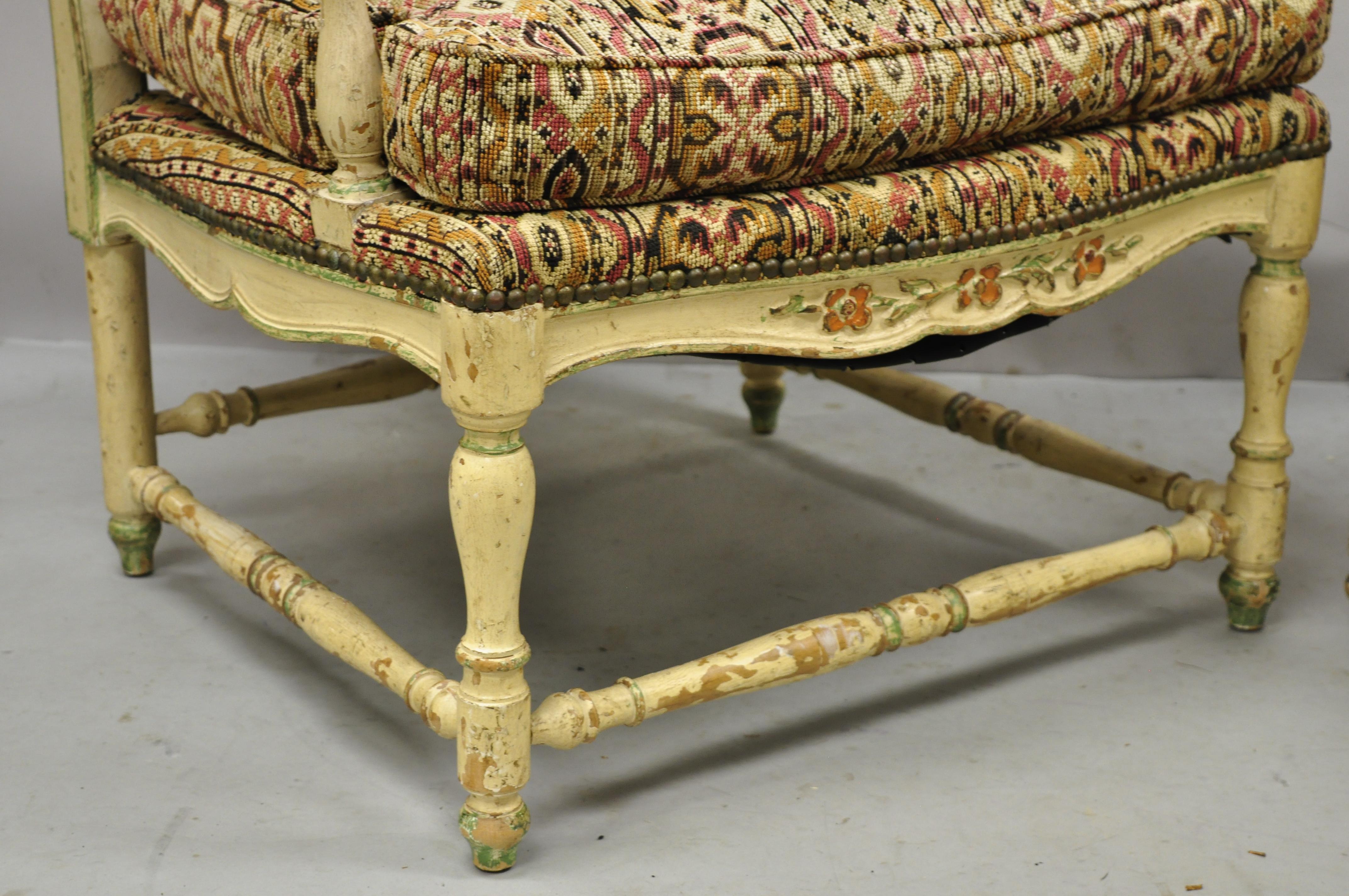 Vintage French Provincial Cream Distress Painted Lounge Arm Chairs and Ottoman For Sale 1