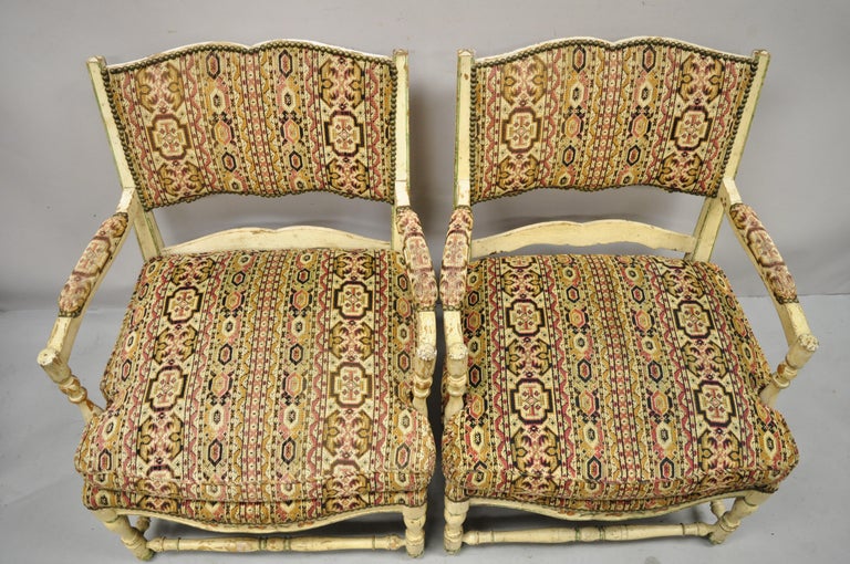 Vintage French Provincial Cream Distress Painted Lounge Arm Chairs and Ottoman For Sale at 1stDibs