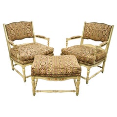 Retro French Provincial Cream Distress Painted Lounge Arm Chairs and Ottoman