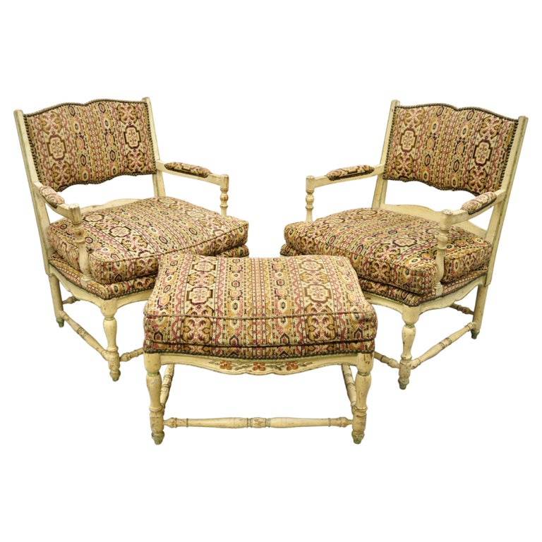 Vintage French Provincial Cream Distress Painted Lounge Arm Chairs and Ottoman For Sale at 1stDibs