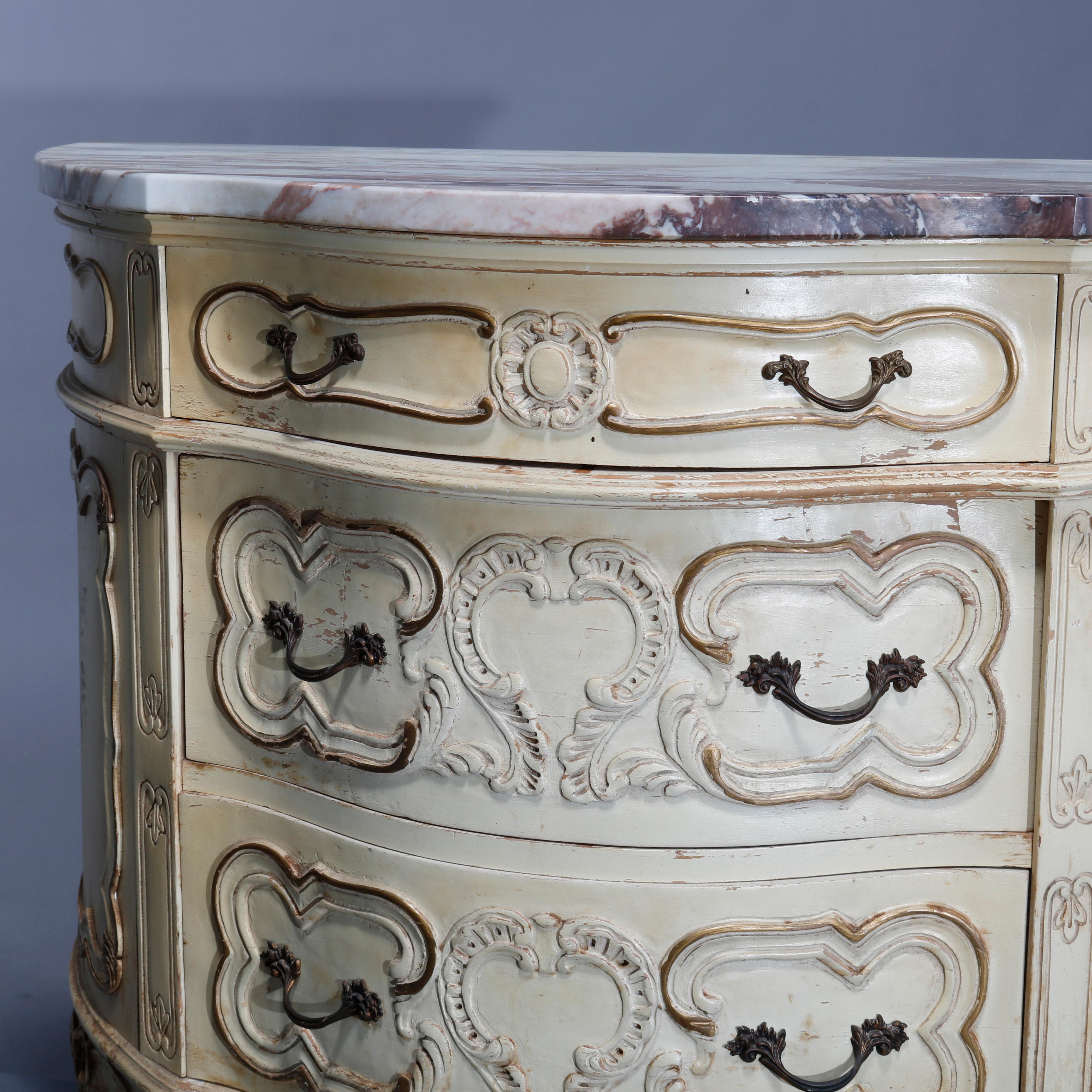 Vintage French Provincial Demilune Gilt & Painted Marble Top Commode, Circa 1930 5