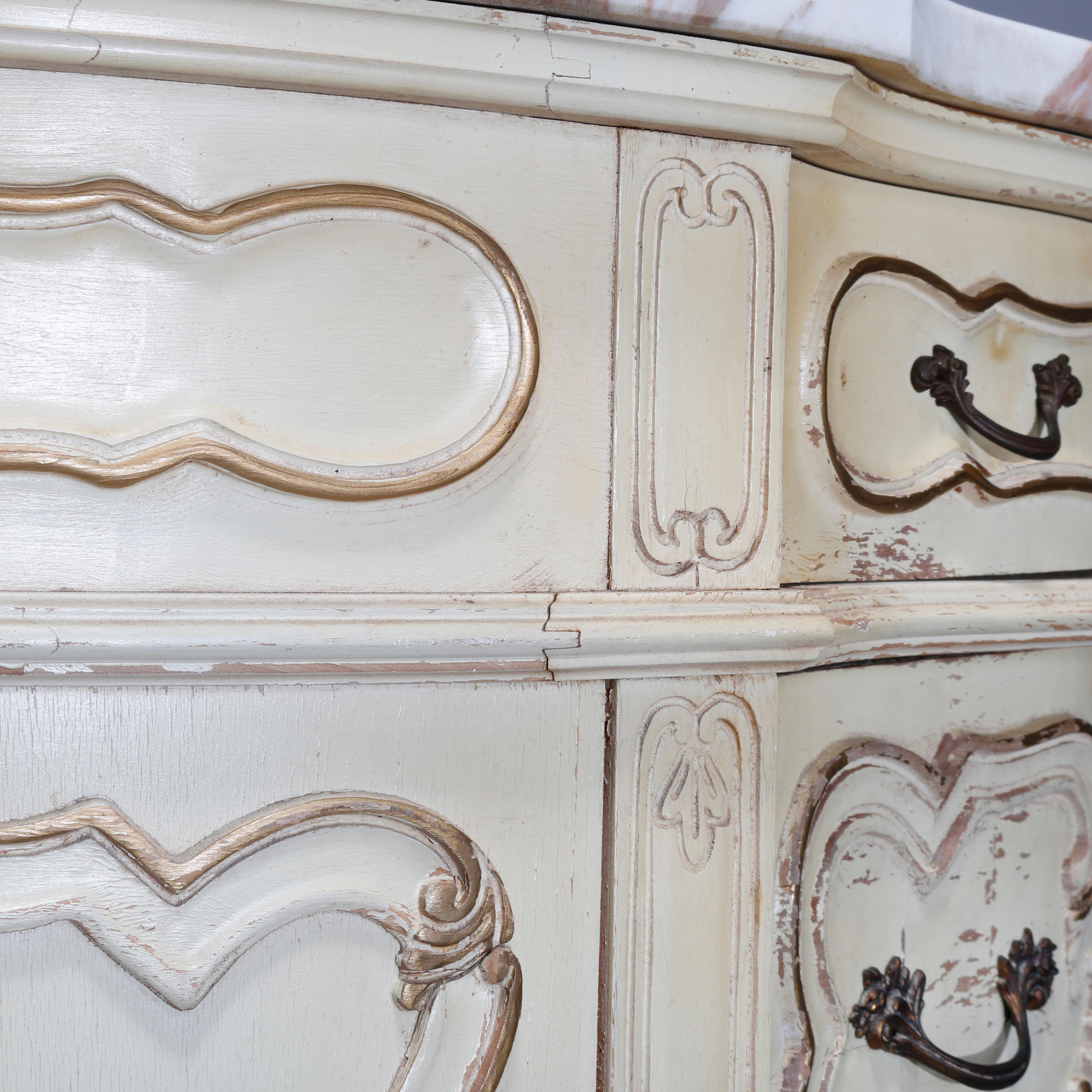 Vintage French Provincial Demilune Gilt & Painted Marble Top Commode, Circa 1930 6