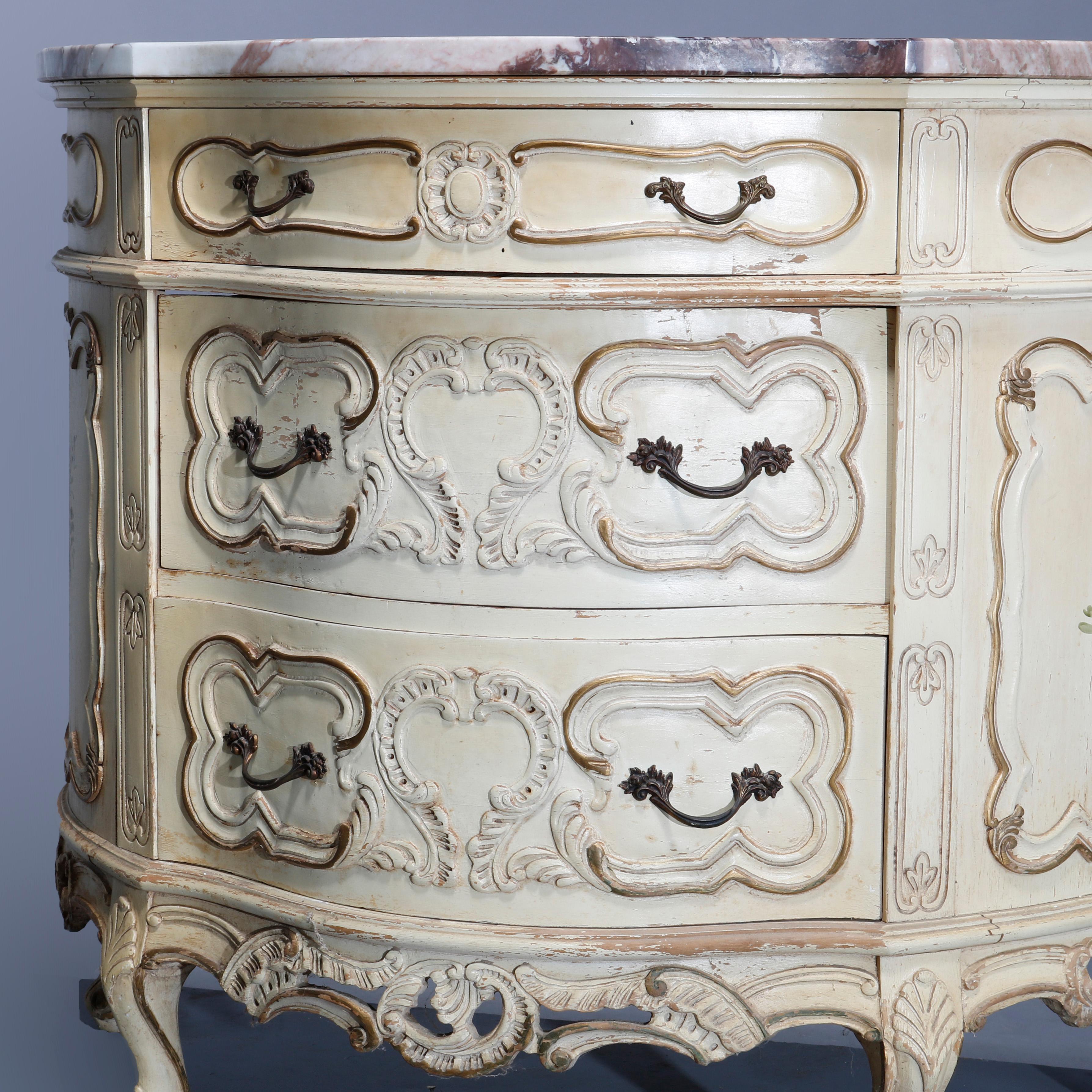 Carved Vintage French Provincial Demilune Gilt & Painted Marble Top Commode, Circa 1930