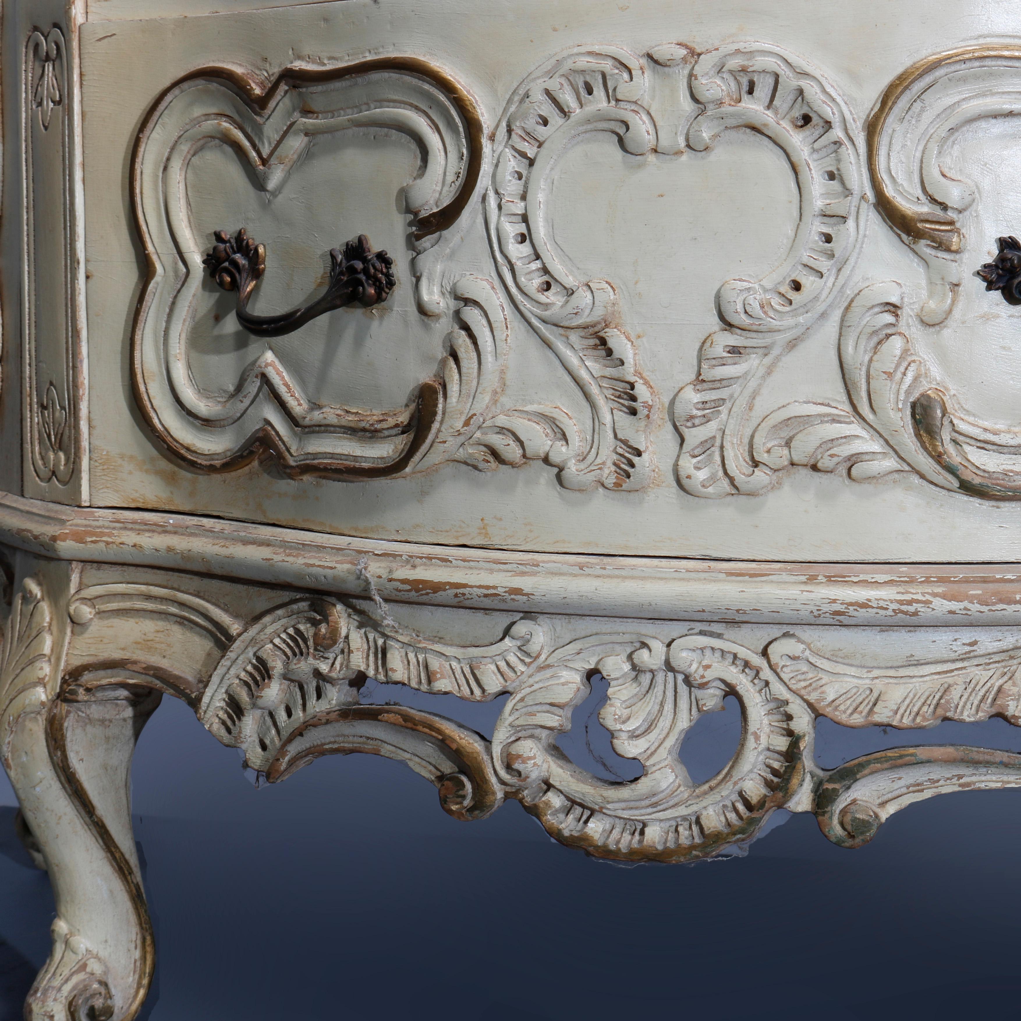 20th Century Vintage French Provincial Demilune Gilt & Painted Marble Top Commode, Circa 1930