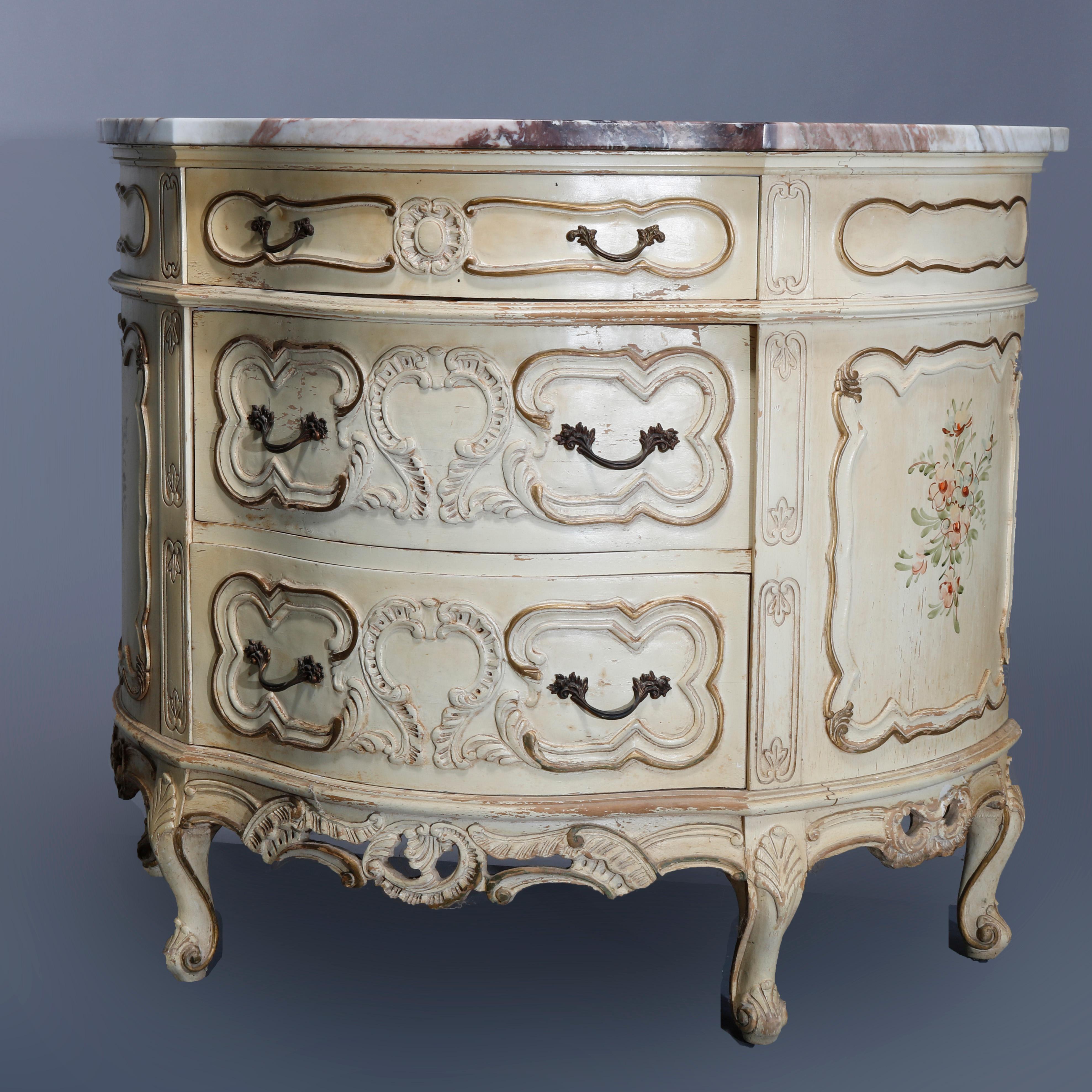 Metal Vintage French Provincial Demilune Gilt & Painted Marble Top Commode, Circa 1930