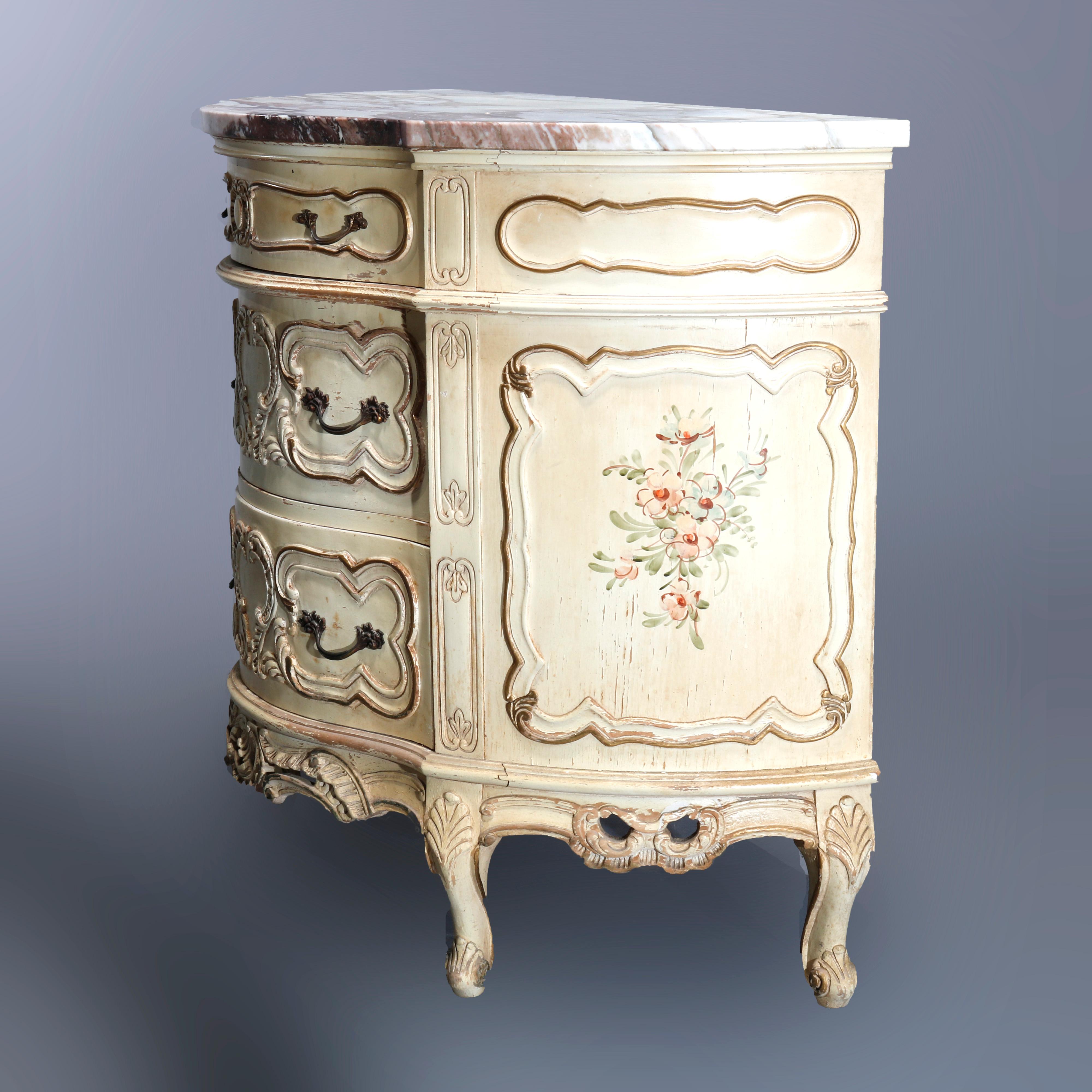 Vintage French Provincial Demilune Gilt & Painted Marble Top Commode, Circa 1930 1