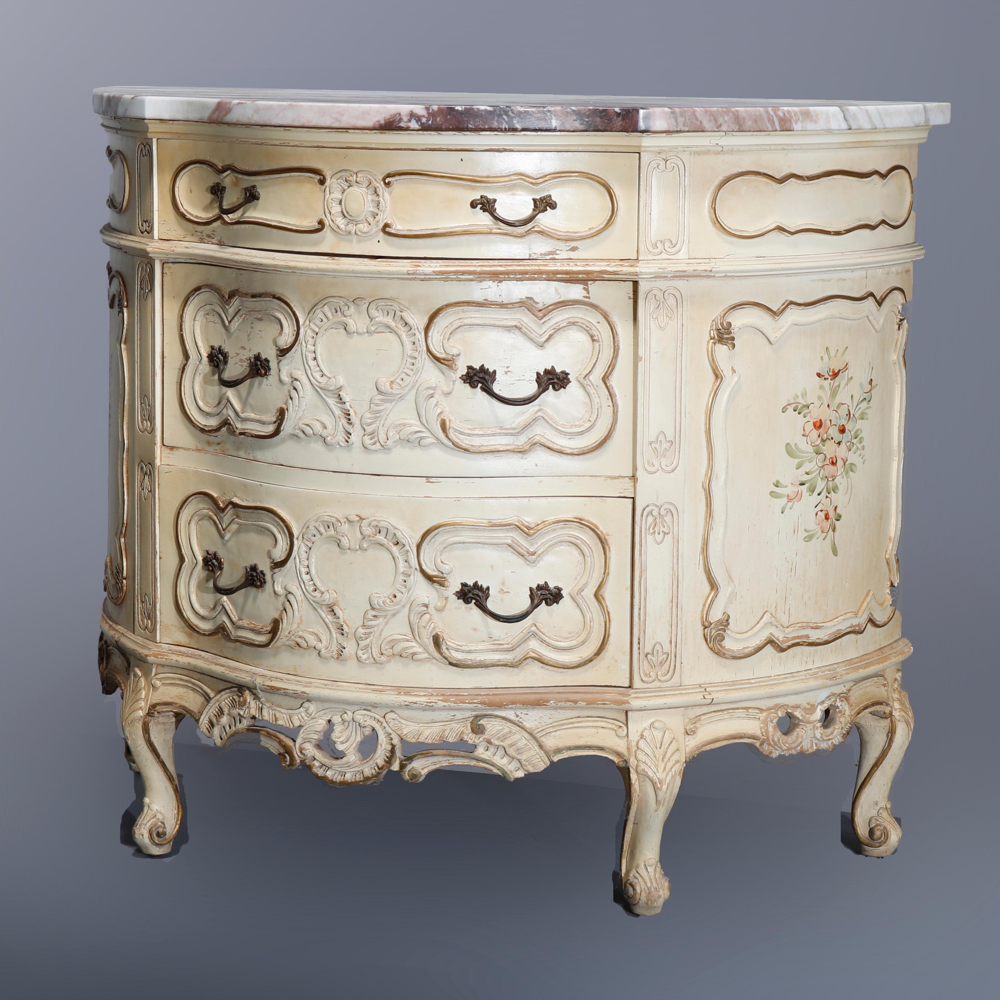 Vintage French Provincial Demilune Gilt & Painted Marble Top Commode, Circa 1930 2