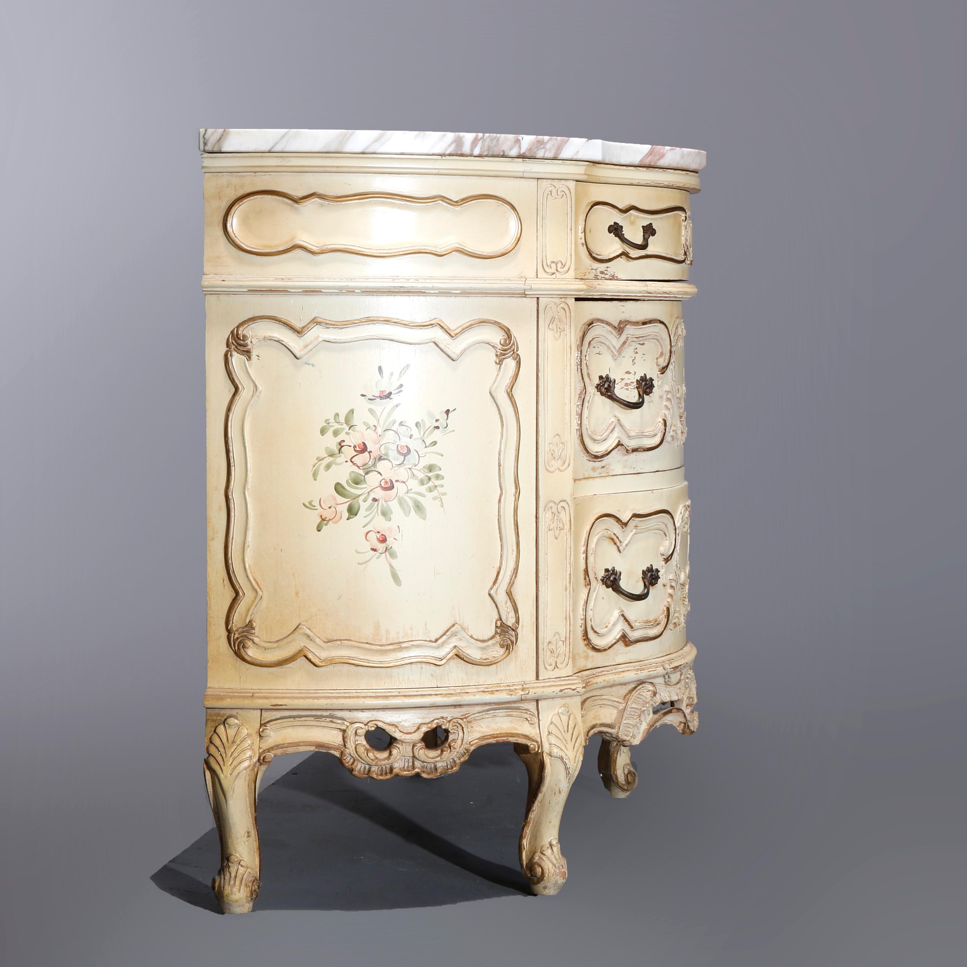 Vintage French Provincial Demilune Gilt & Painted Marble Top Commode, Circa 1930 3