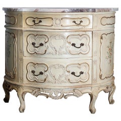 Vintage French Provincial Demilune Gilt & Painted Marble Top Commode, Circa 1930