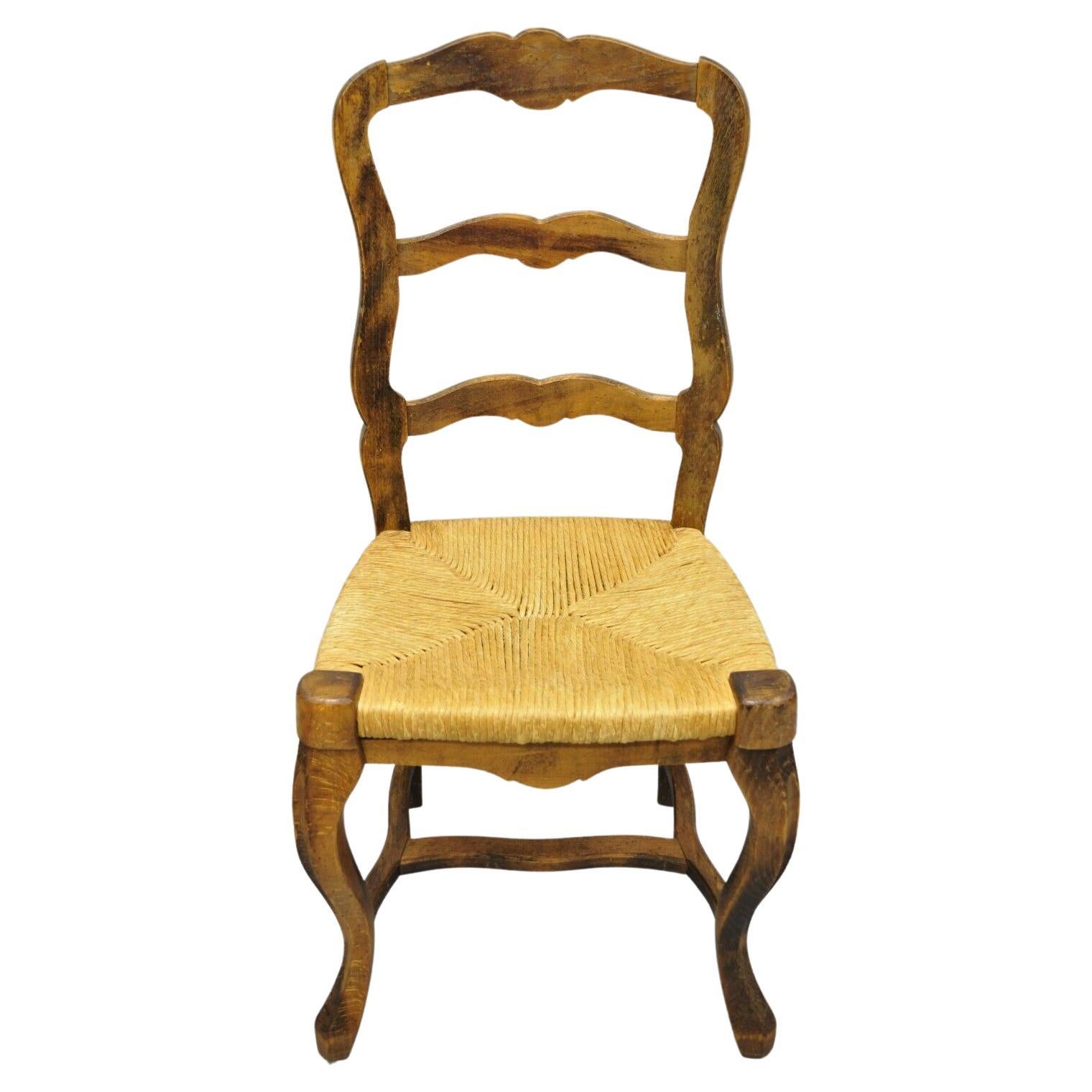 Vintage French Provincial Distressed Wood Ladder Back Rush Seat Dining Chair