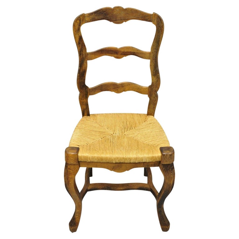 Vintage French Provincial Distressed Wood Ladder Back Rush Seat Dining Chair For Sale