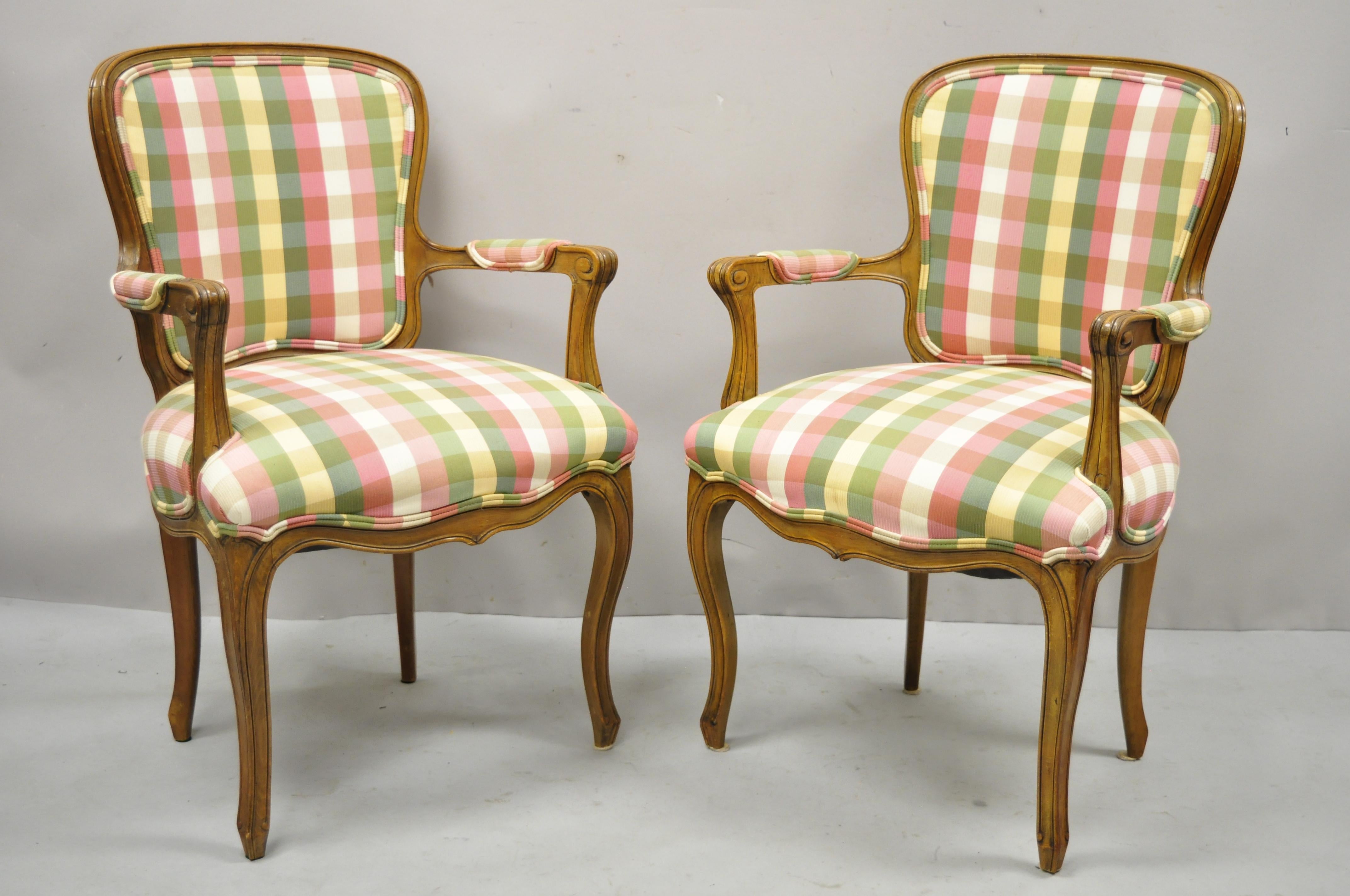 Vintage French Provincial Louis XV style fauteuil arm chairs by Simon Loscertales Bona - a Pair. Item features pink and green plaid upholstery, solid wood frame, distressed finish, original label, cabriole legs, very nice vintage pair, quality