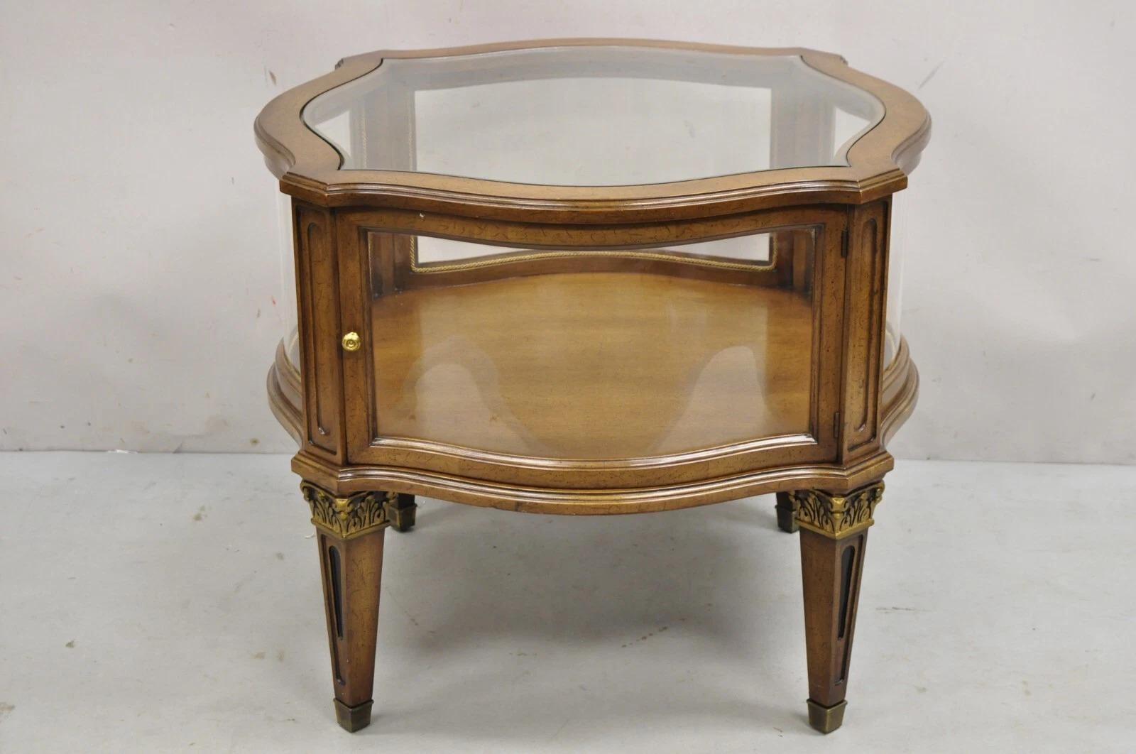 Unknown Vintage French Provincial Fruit Wood Curved Glass One Door Display Side Table For Sale