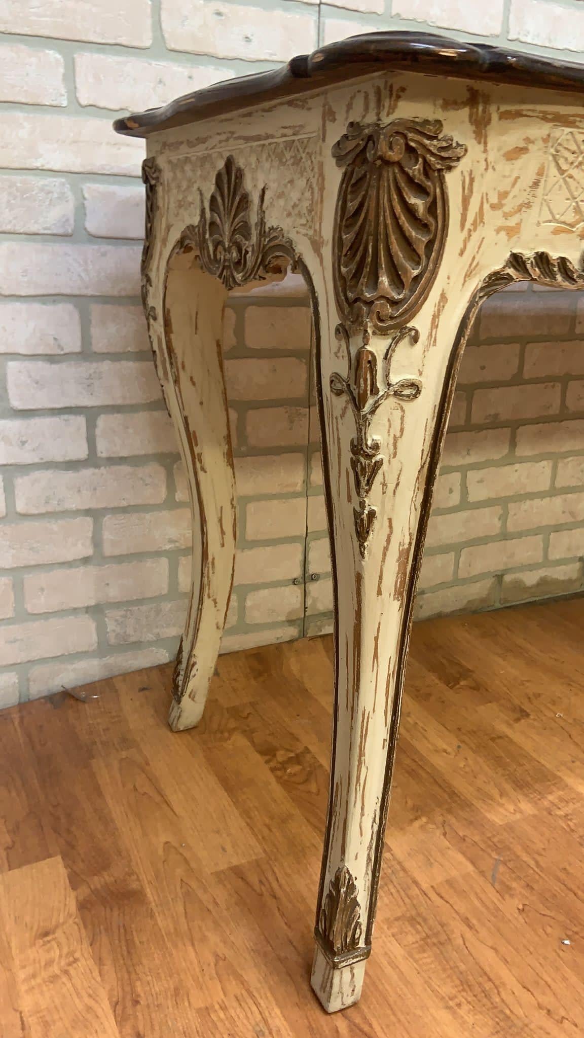 Vintage French Provincial Hand Carved Console Table with Cherry Wood Top For Sale 7
