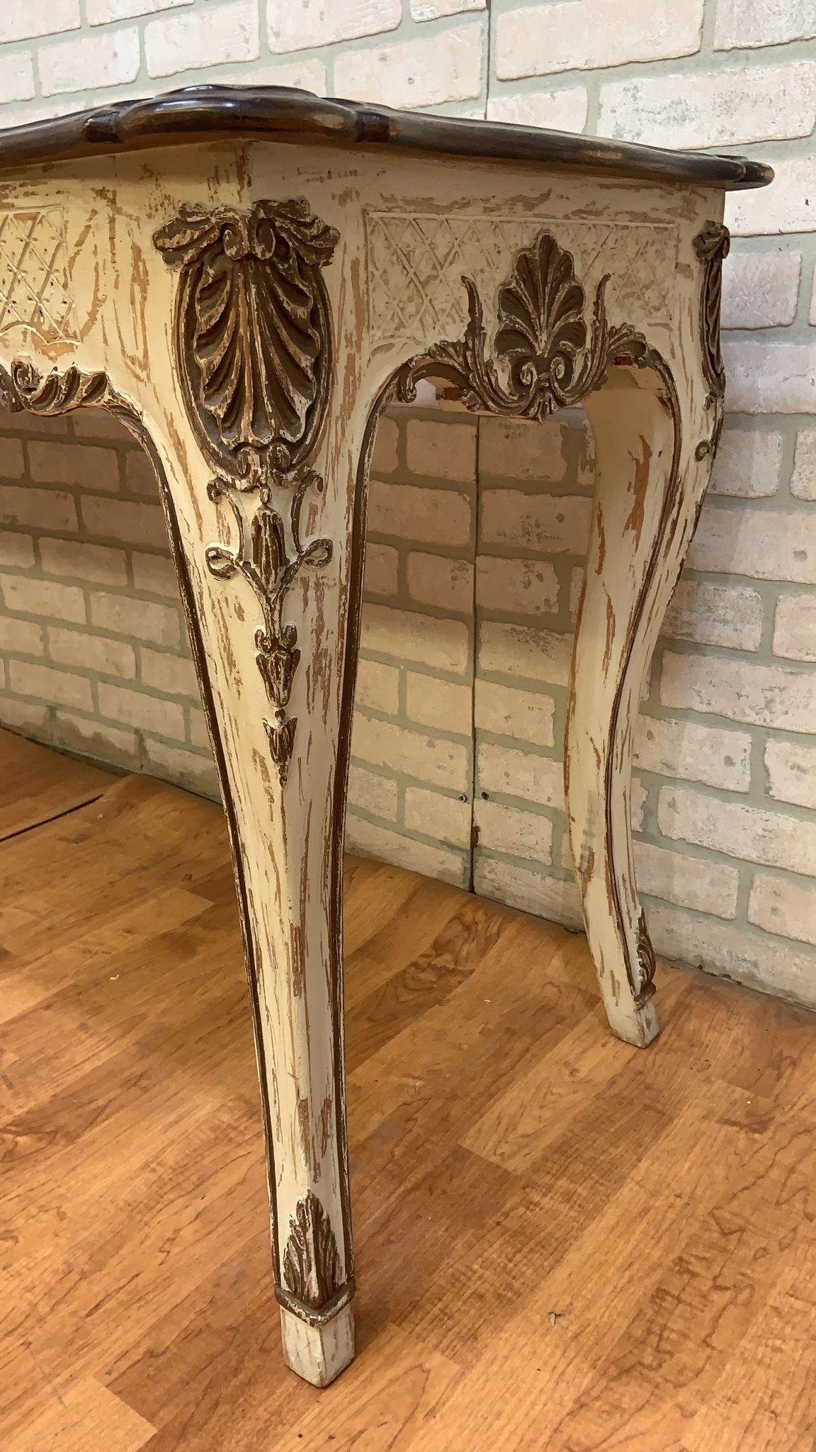 Vintage French Provincial Hand Carved Console Table with Cherry Wood Top For Sale 9
