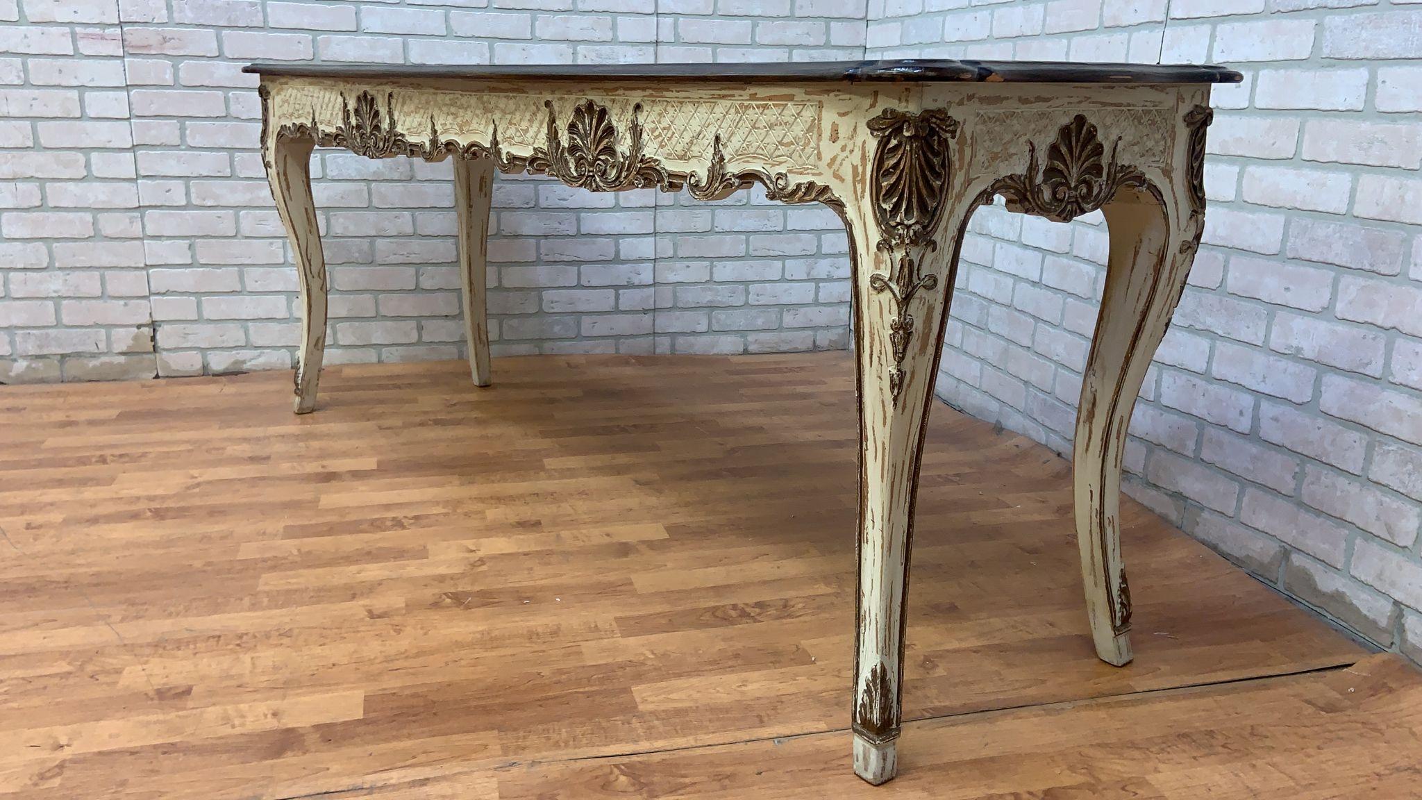 Hand-Carved Vintage French Provincial Hand Carved Console Table with Cherry Wood Top For Sale