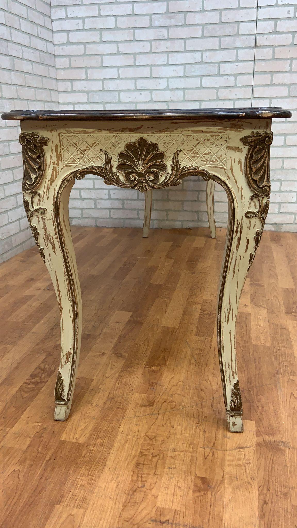 Vintage French Provincial Hand Carved Console Table with Cherry Wood Top For Sale 1