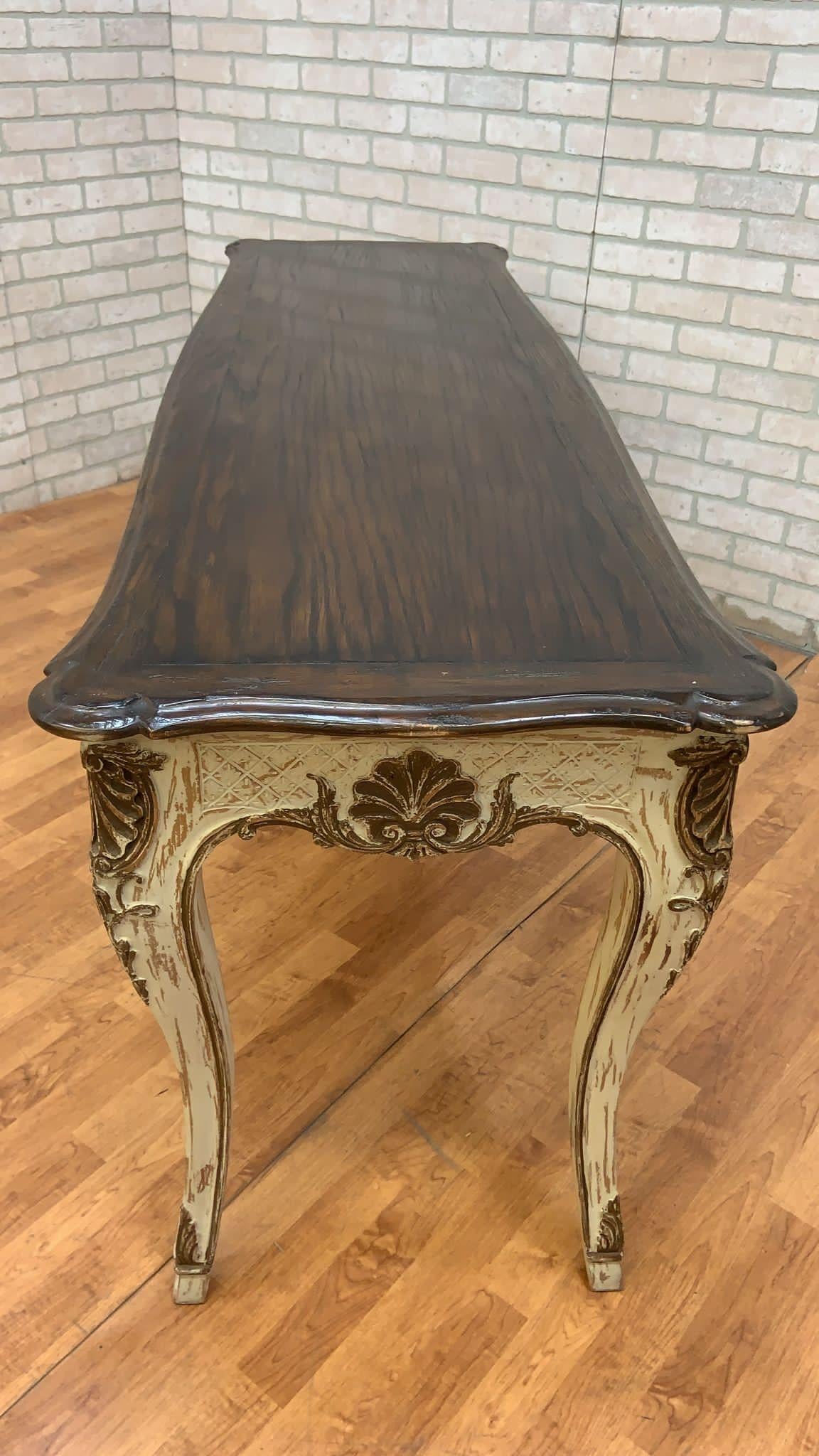 Vintage French Provincial Hand Carved Console Table with Cherry Wood Top For Sale 2