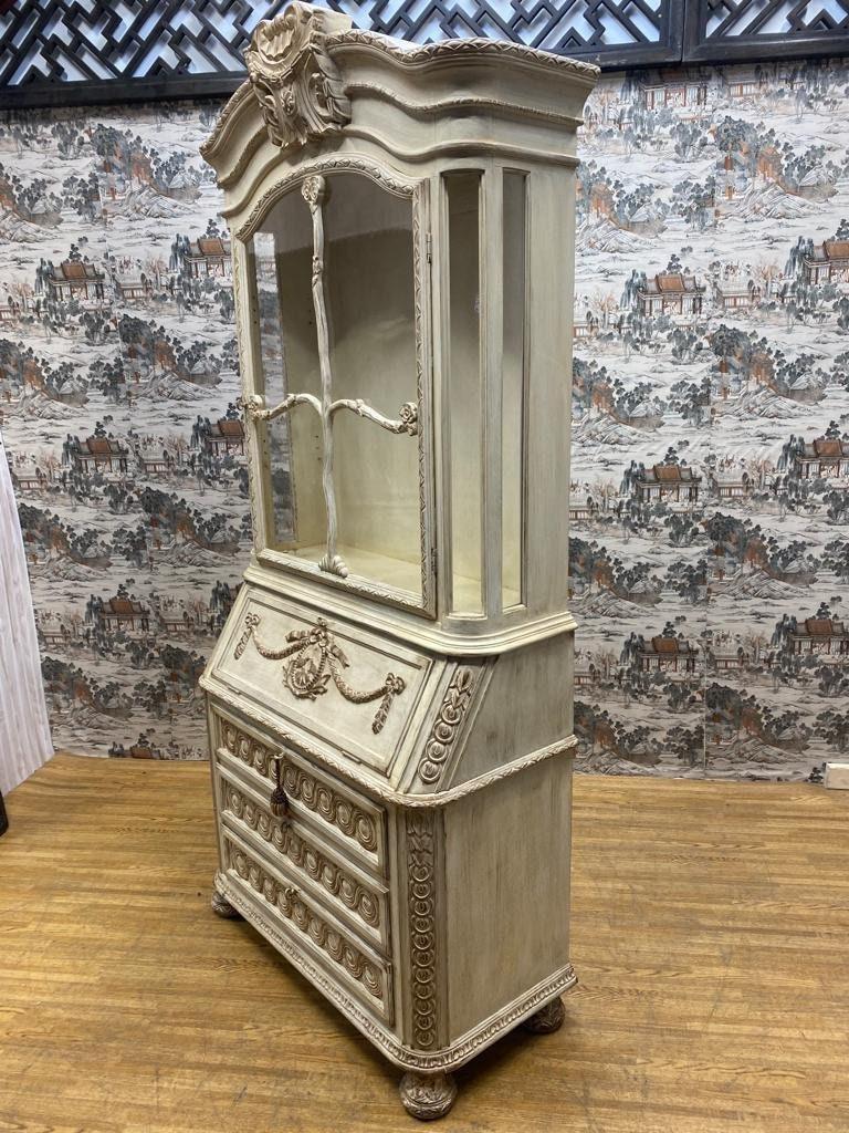 Hand-Carved Vintage French Provincial Hand Carved White Secretary Desk and Display Cabinet