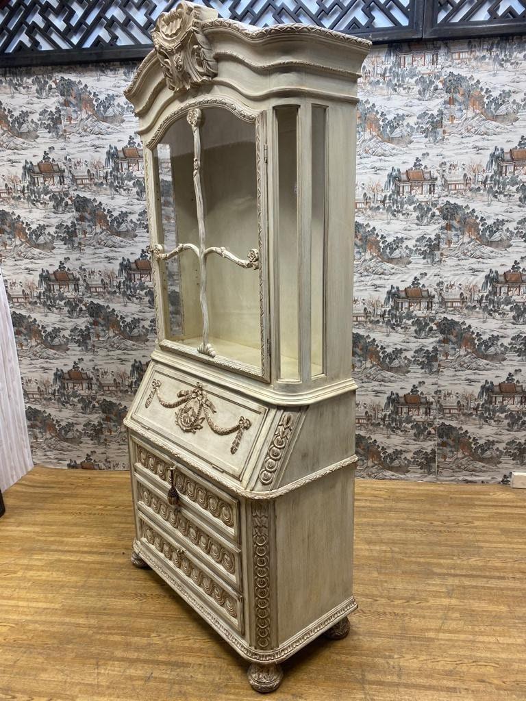 Provincial français Vintage French Provincial Hand Carved White Secretary Desk and Display Cabinet  en vente