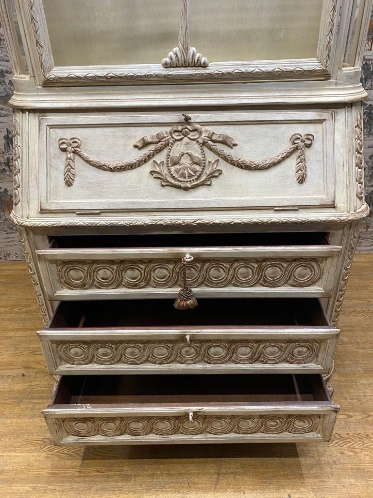 Vintage French Provincial Hand Carved White Secretary Desk and Display Cabinet For Sale 1