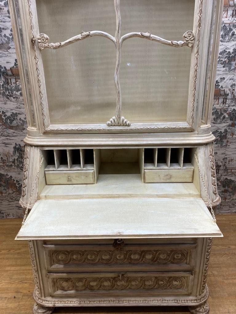 Vintage French Provincial Hand Carved White Secretary Desk and Display Cabinet For Sale 3