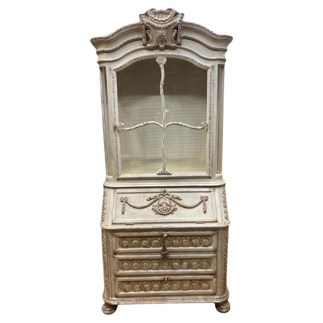 Vintage French Provincial Hand Carved White Secretary Desk and Display Cabinet For Sale