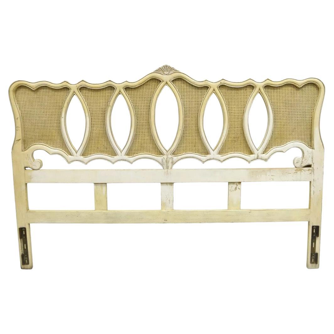 Vintage French Provincial Hollywood Regency Cream Painted Cane King Headboard