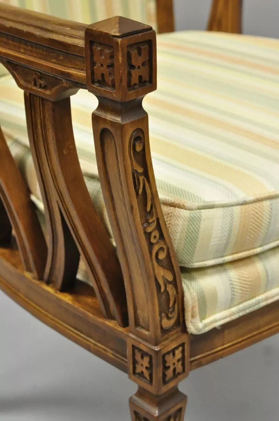 Vintage French Provincial Hollywood Regency Tall Back Lounge Arm Chairs - a Pair In Good Condition For Sale In Philadelphia, PA