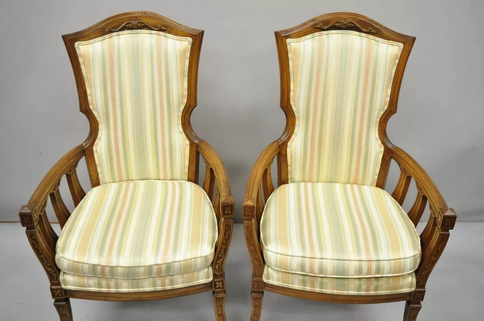 20th Century Vintage French Provincial Hollywood Regency Tall Back Lounge Arm Chairs - a Pair For Sale