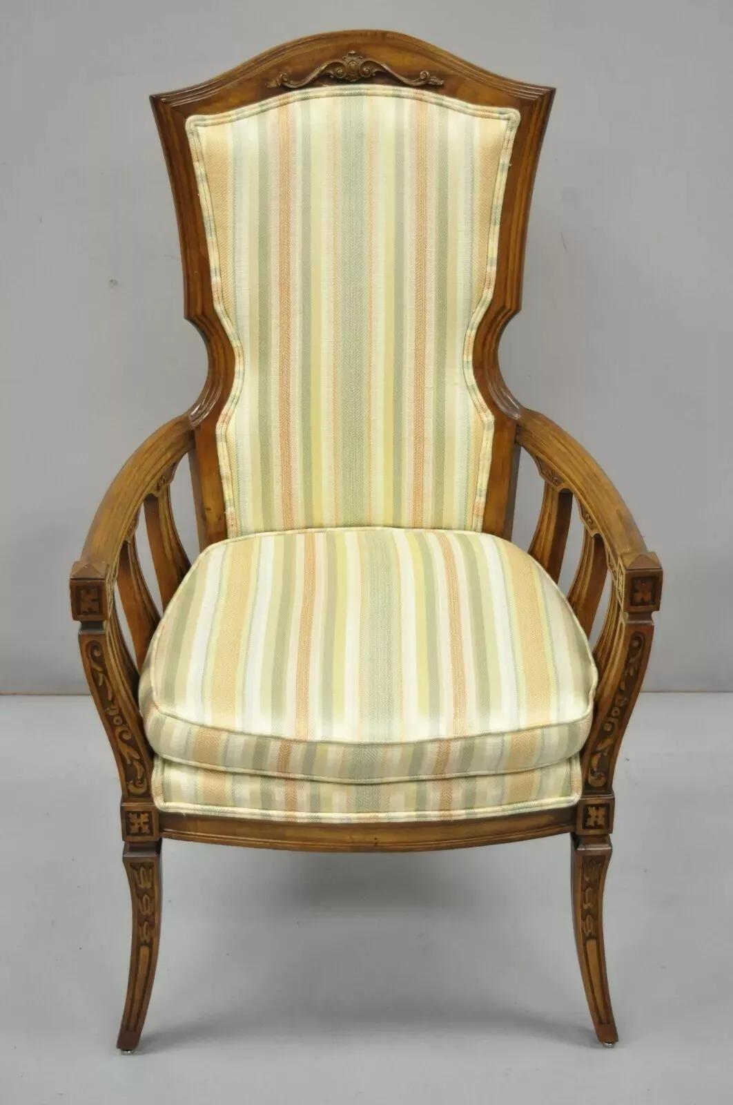 Fabric Vintage French Provincial Hollywood Regency Tall Back Lounge Arm Chairs - a Pair For Sale