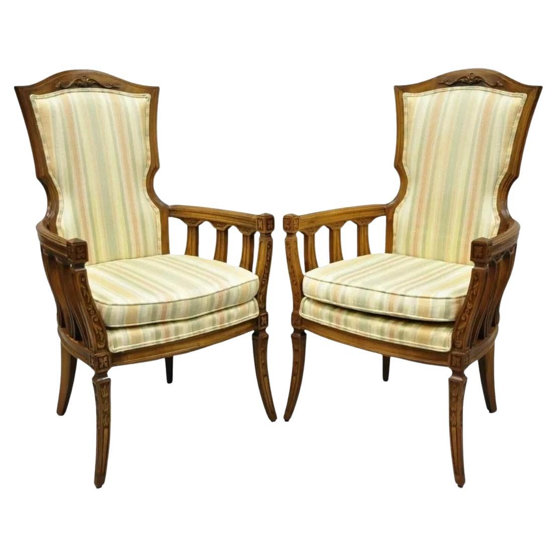 Vintage French Provincial Hollywood Regency Tall Back Lounge Arm Chairs - a Pair For Sale