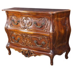 Vintage French Provincial Louis XV Carved Walnut Bombe Commode Chest