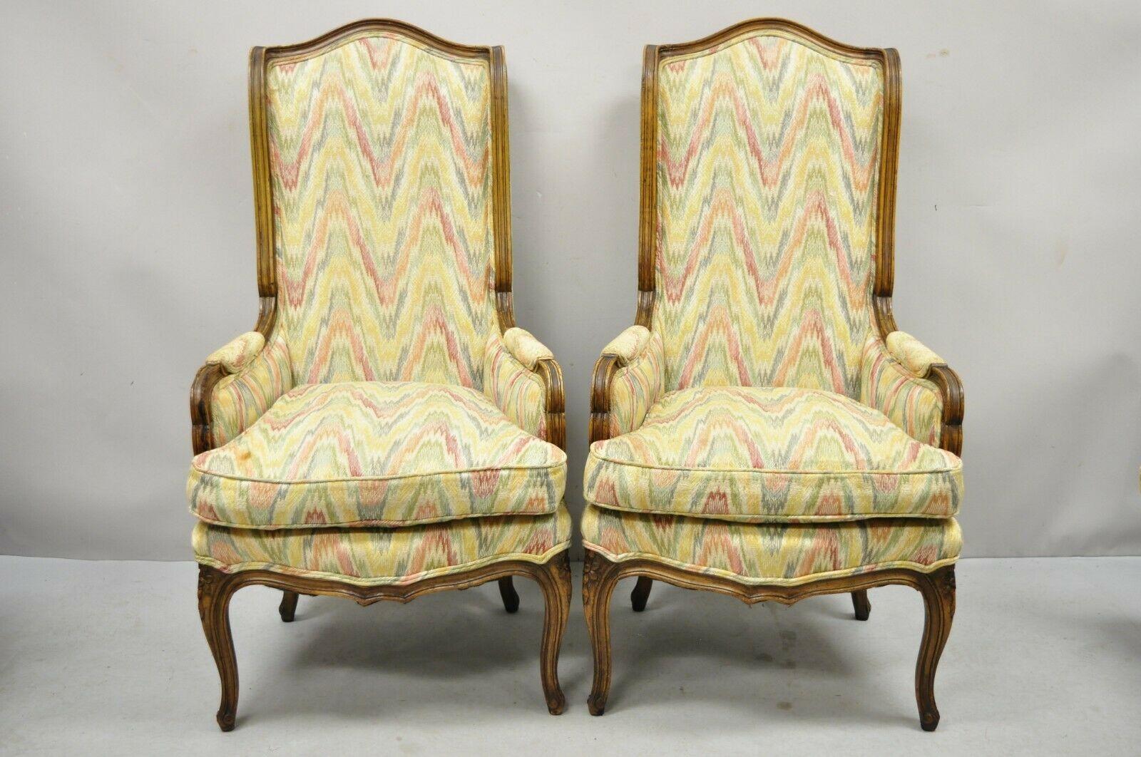 Vintage French Provincial Louis XV Country Style Narrow Tall Back Lounge Chairs (A) - a Pair. Item features a sleek narrow frames, tall stately back, solid wood frames, beautiful woodgrain, distressed finish, cabriole legs, very nice vintage pair,