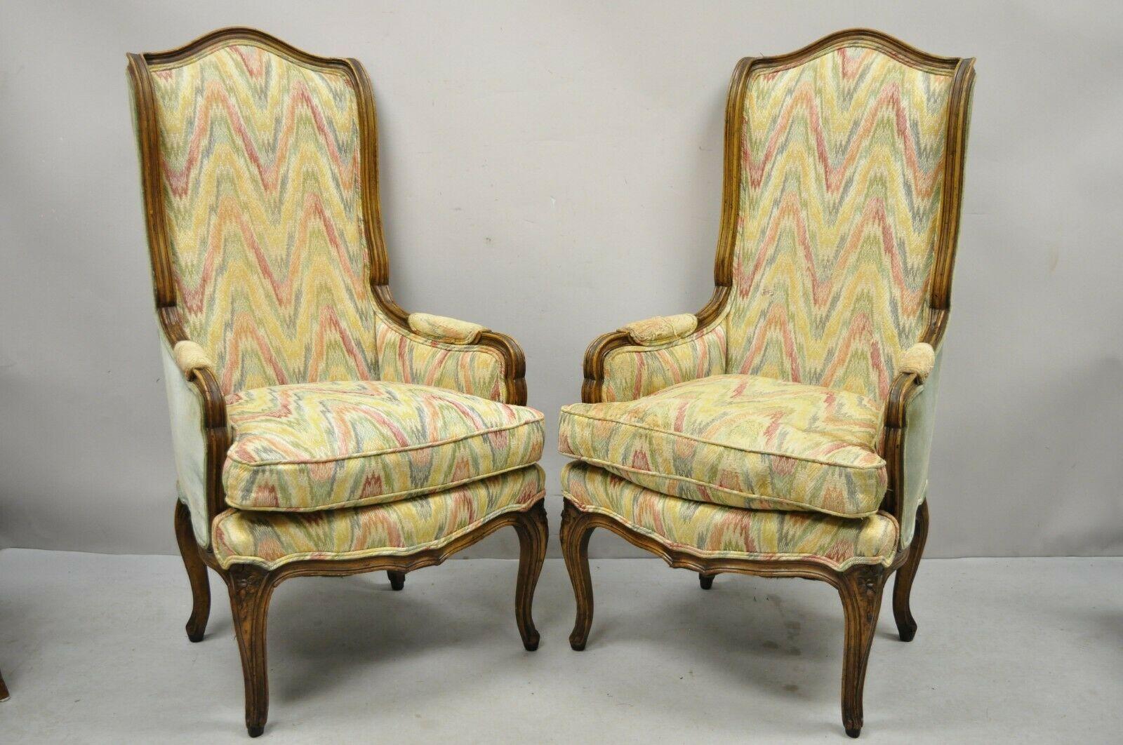 Vintage French Provincial Louis XV Country Style Narrow Tall Back Lounge Chairs (B) - a Pair. Item features sleek narrow frames, tall stately back, solid wood frames, beautiful woodgrain, distressed finish, cabriole legs, very nice vintage pair,