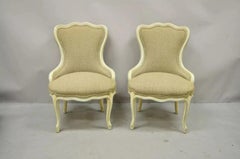 Vintage French Provincial Louis XV Cream Blue Boudoir Slipper Chairs - a Pair