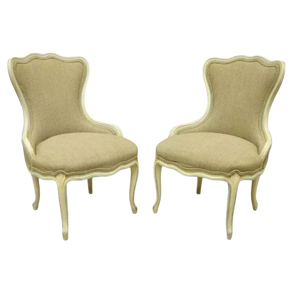 Vintage French Provincial Louis XV Cream Blue Boudoir Slipper Chairs - a Pair
