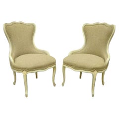 Vintage French Provincial Louis XV Cream Blue Boudoir Slipper Chairs - a Pair