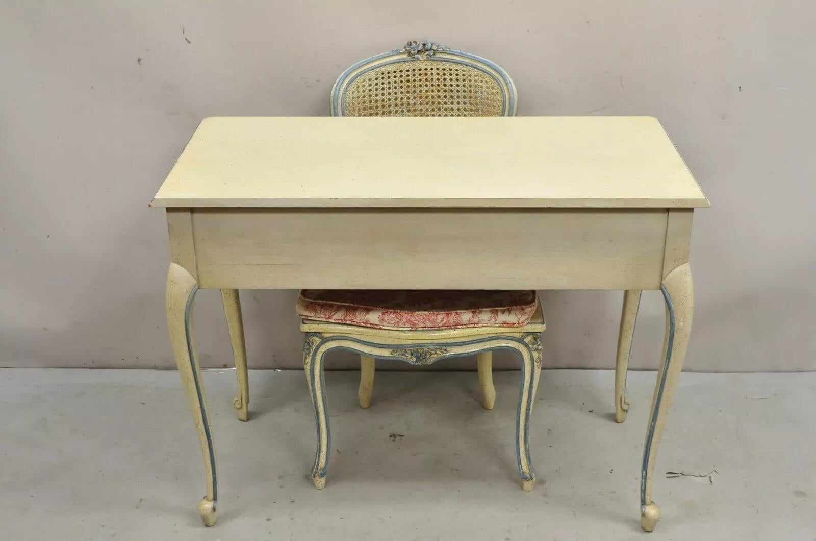 Vintage French Provincial Louis XV Cream & Blue Ladies Writing Desk Chair Set For Sale 4