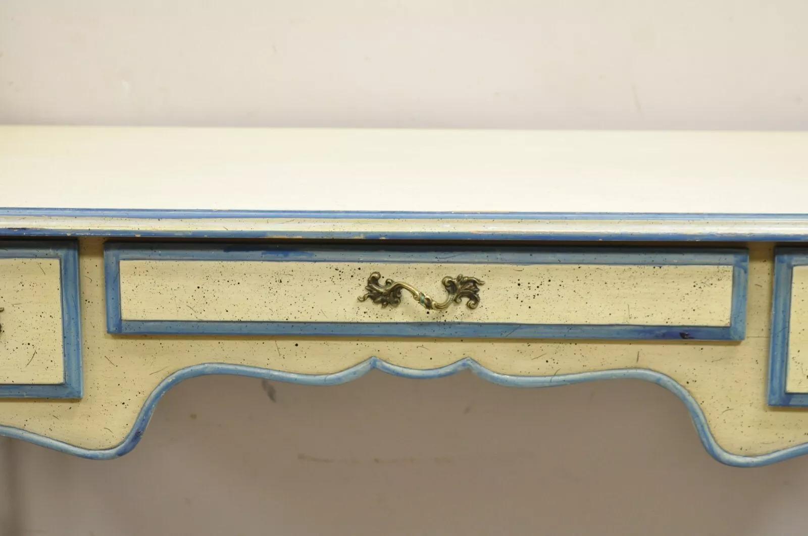 Vintage French Provincial Louis XV Cream & Blue Ladies Writing Desk Chair Set For Sale 5